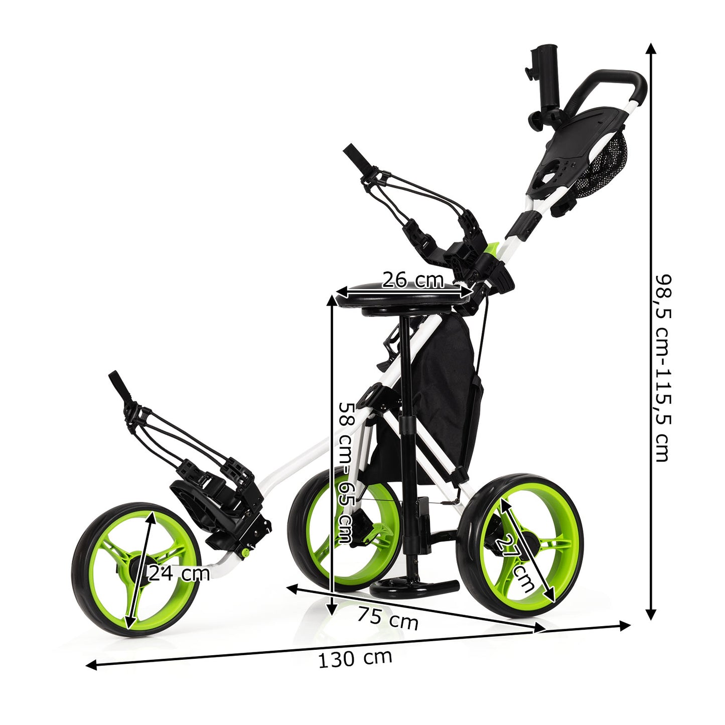 3 Wheel Golf Push Pull Cart, Foldable Lightweight Golf Bag Trolley with Adjustable Seat and Handle, Scorecard Holder, Umbrella Holder