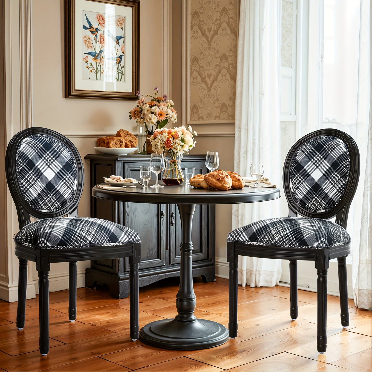 French Vintage Louis XVI Style Solid Wood Carved Antique Green Relief Double Dining Chair Set - Ergonomic Oval Backrest with Wingback Design, Breathable Linen Upholstery & Hardwood Frame, Ornate Armless Accent Chairs for Livi