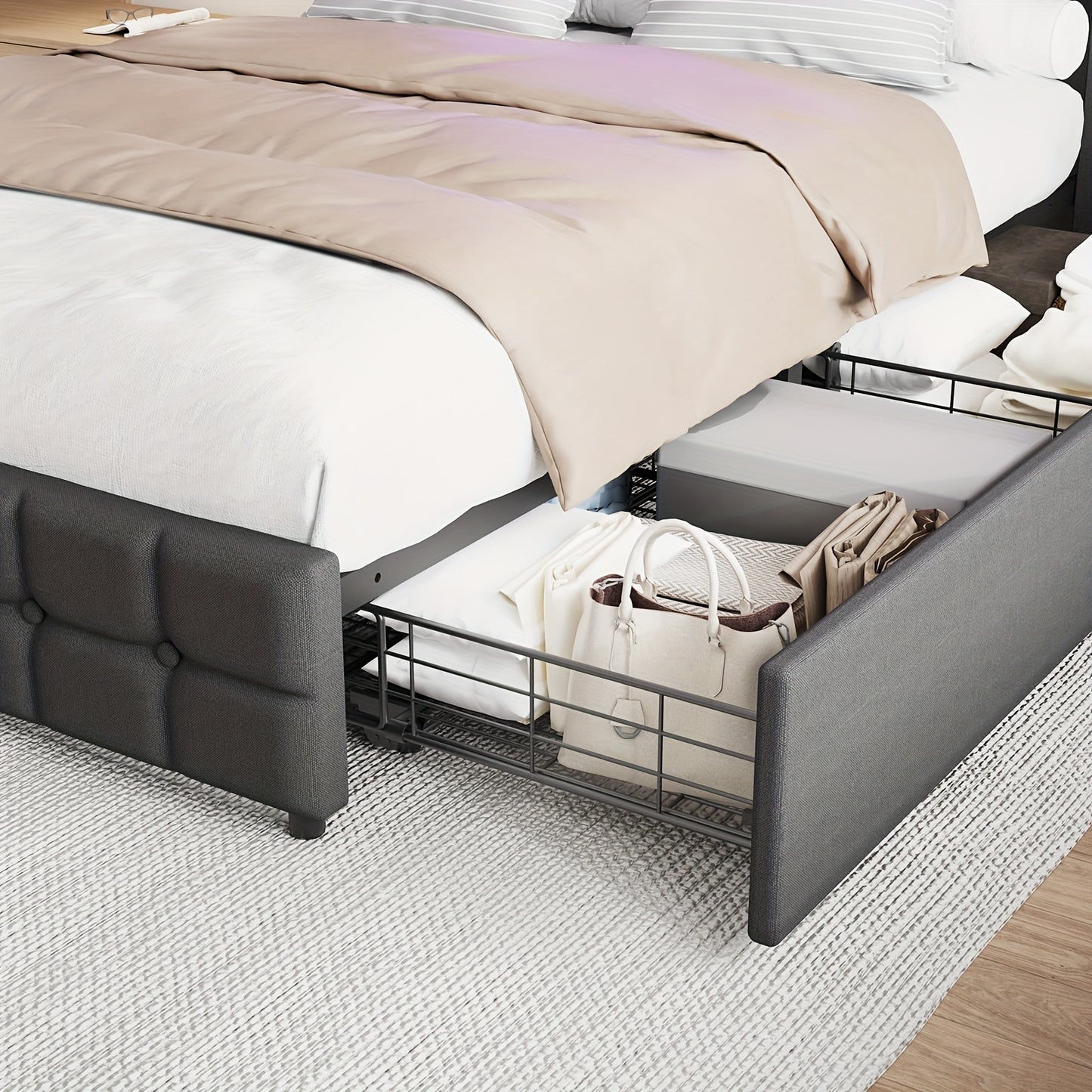 Modern Gestoffeerd Tweepersoonsbed 140x200 cm – 2 Lade-opslag & RGB-Free LED Hoofdeinde – Grijs, Eenvoudige Montage (Exclusief Matras)
