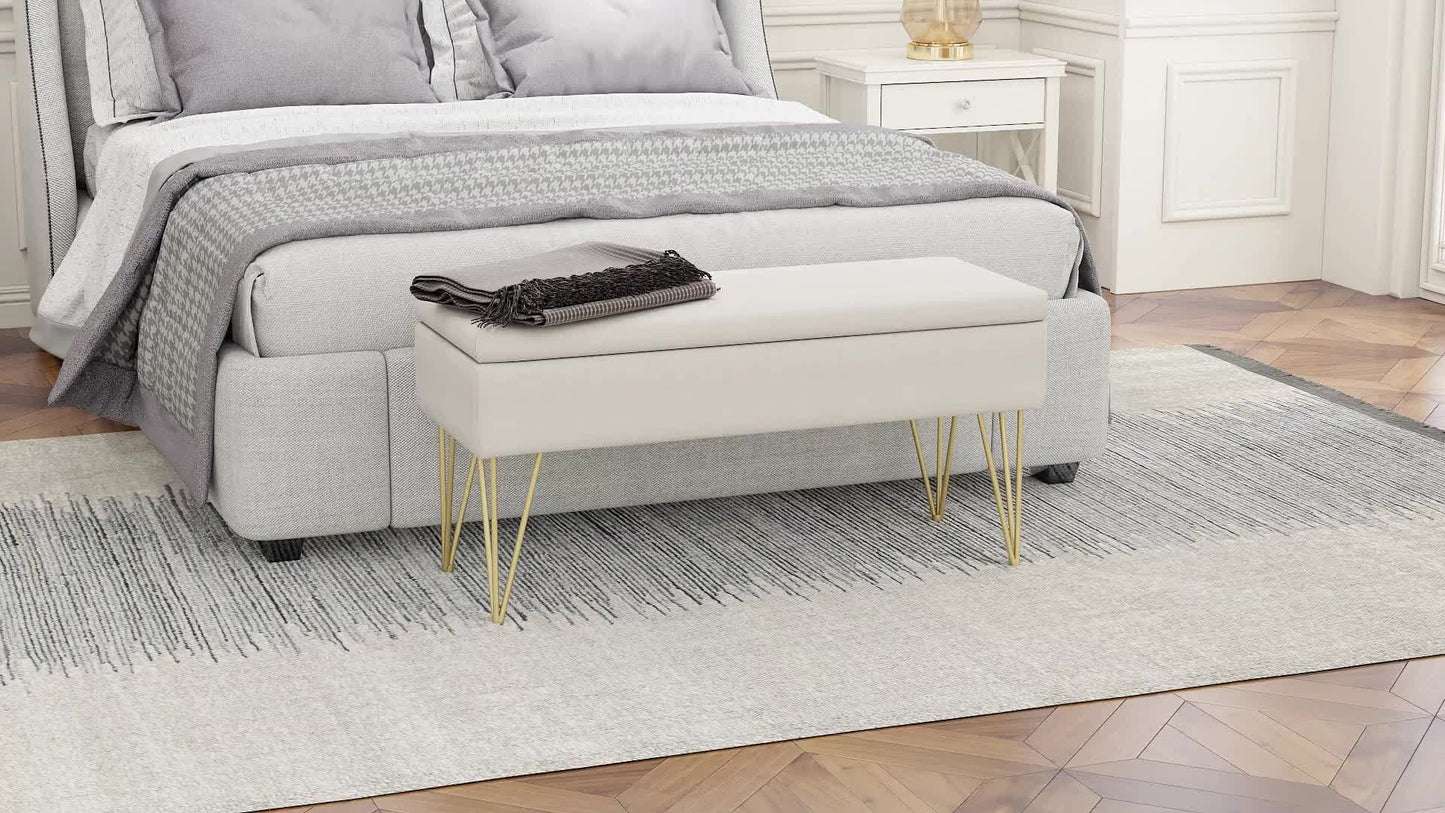 Opbergbank – Bergbank – Opbergkist – Poef – Zitbank – Linnenstof Creme – Met Gouden Metalen Poten – 100x40x49 cm – Met Opbergruimte