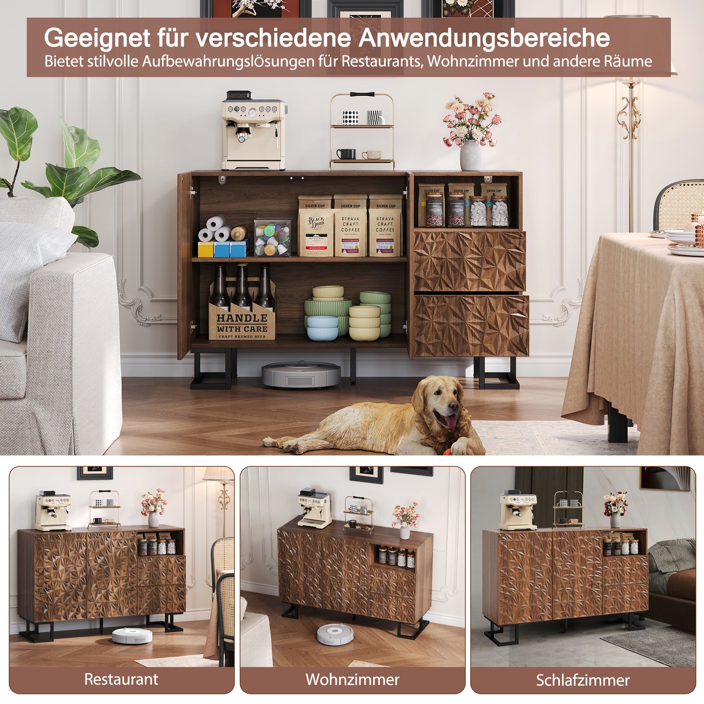Dressoir – Buffet – Opbergkast – Sideboard – Kast – Walnootfineer – Push-to-open Greeploos – Met Kantelbeveiliging