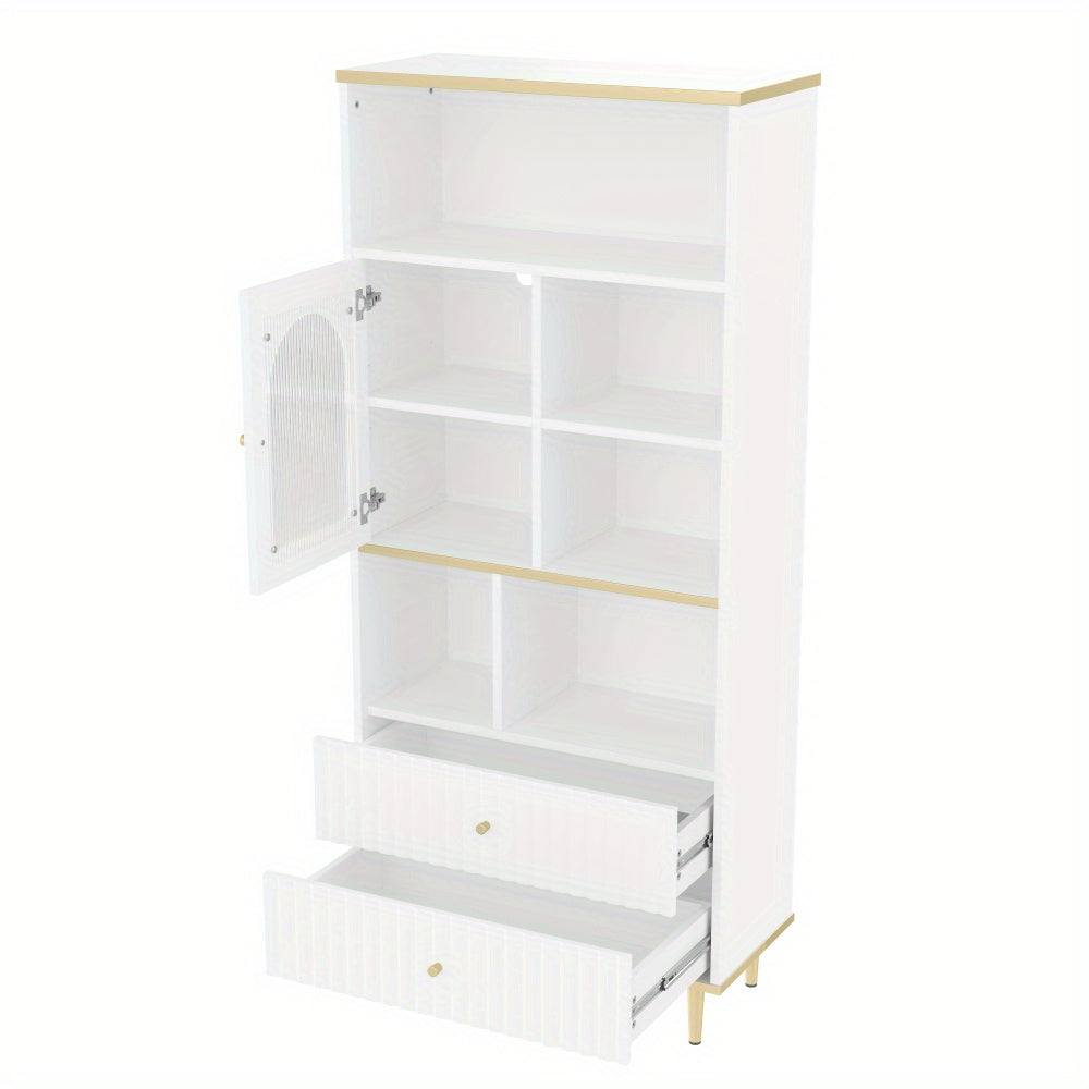 Boekenkast – Boekenrek – Opbergkast – Vakkenkast – Stellingkast – Wit – Transparante Deuren – Geruisloze Laden – 78x36x180 cm – Metalen Voet – Vrijstaand Design