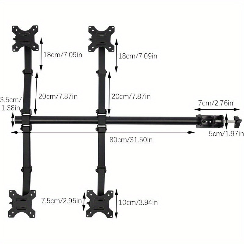 Monitorarm – Monitorbeugel – Monitorstandaard – Monitorhouder – Multi-screen Mount – Voor 4 Schermen 10-27 Inch – Verstelbaar 0-40 cm Hoogte – Robuust Koudgewalst Staal Zwart