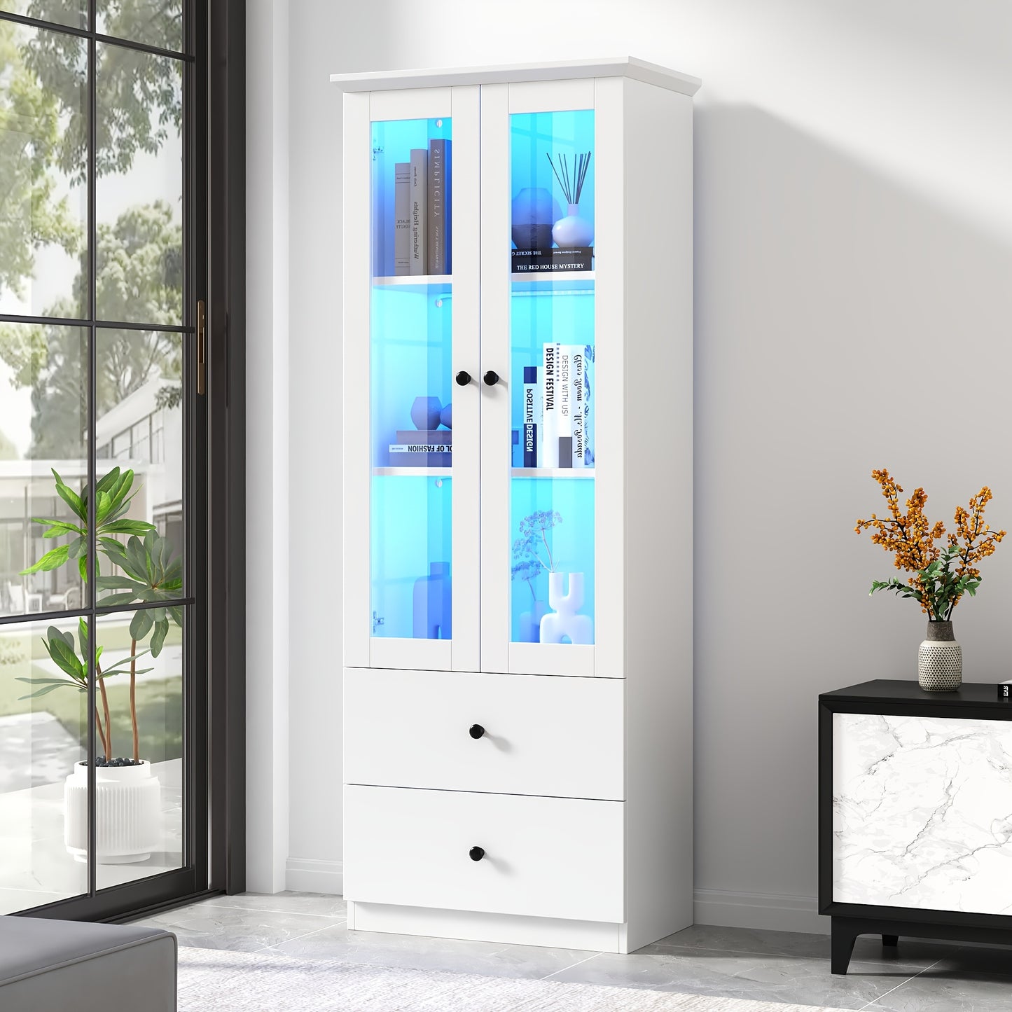 Displaykast – Vitrinekast – Glazen Kast – Opbergkast – Boekenkast – Mat Wit – 165 Cm Hoog – Verstelbare Planken & 2 Laden – Bamboe Materiaal