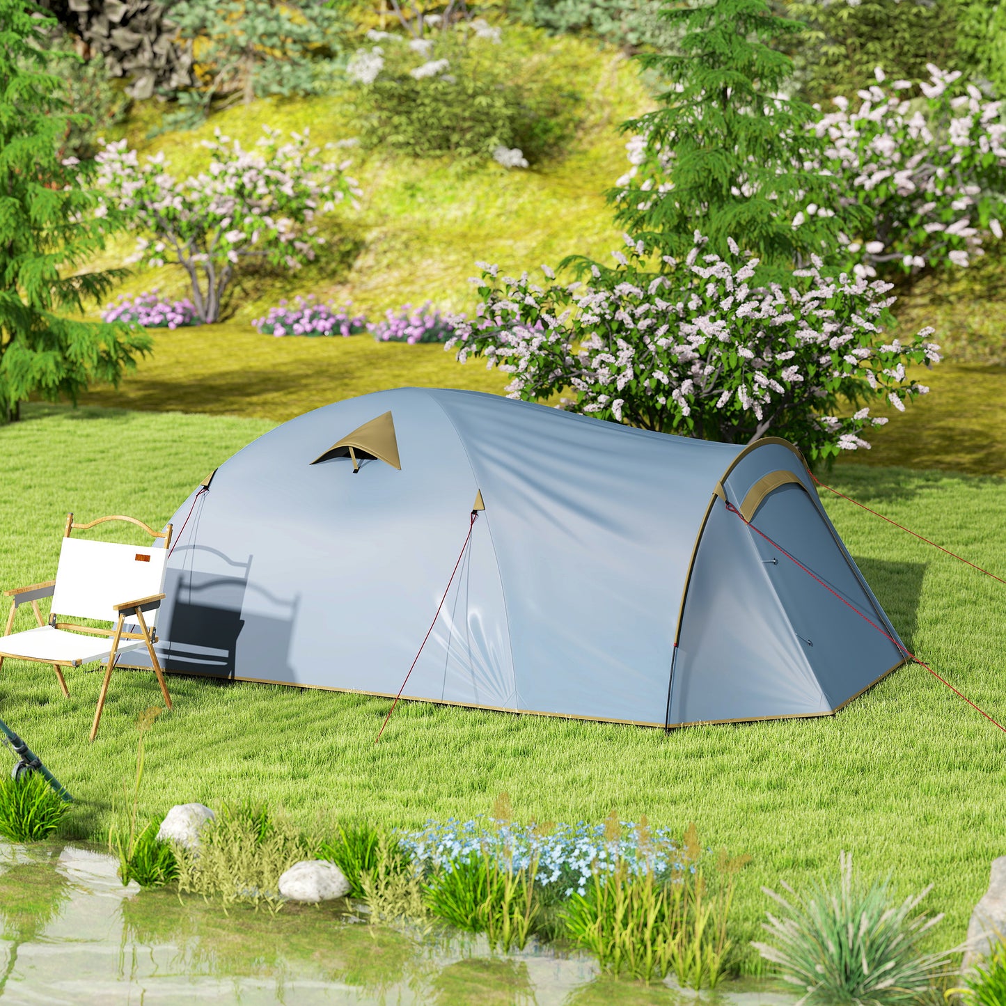 4-Persoons Tent – Kampeertent – Tunnel Tent – Buitentent – Waterdichte Tent – Lichtblauw – Ruim 3.45x2.4x1.3 m – Waterafstotend met Dubbele Deuren
