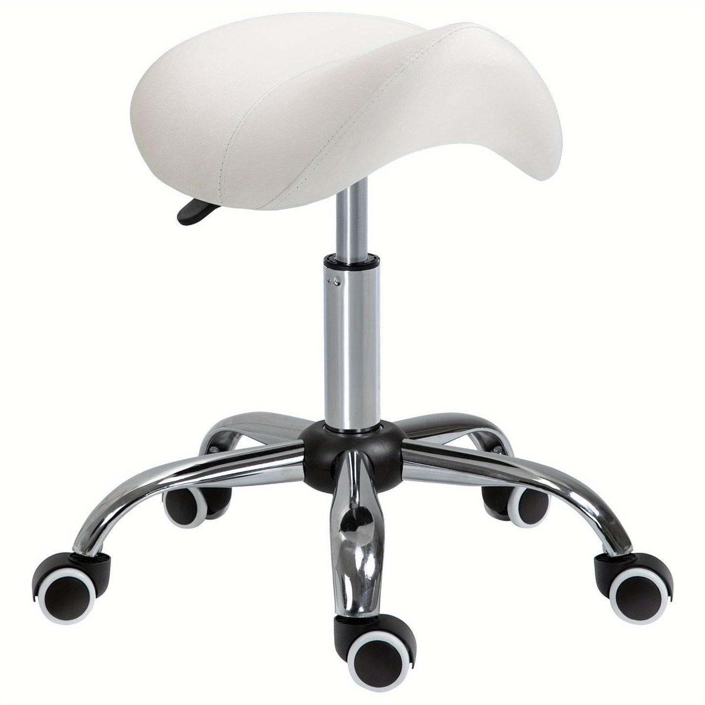 Draaibare Kruk – Zadelkruk – Bureaustoel – Verrijdbare Stoel – Werkkruk – Ergonomisch Zadel – Hoogte Verstelbaar – Witte Kunstleren Bekleding – 5 Zwenkwielen – Chroom Frame