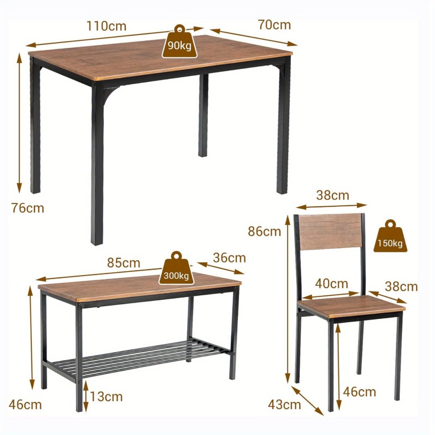 Eethoek 4 Personen – Eettafel Set – Eetkamerset – Tafel en Stoelen – Bank – Industrieel Design – Duurzaam MDF Hout – Ruime Opbergruimte