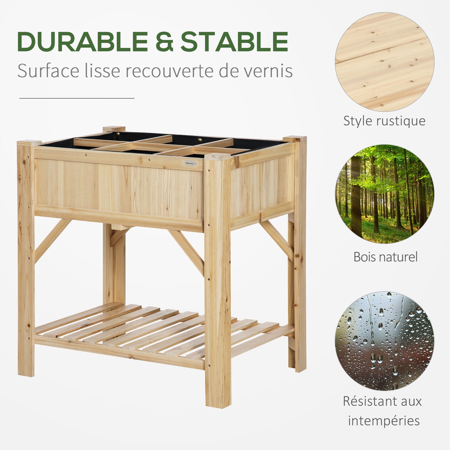 Outsunny Garden Planter on Legs - Square Planter with Shelf - Dim. 78L X 58W X 81H Cm - 6 Compartments - Felt Drainage Included - Pre-Oiled Pine Wood
