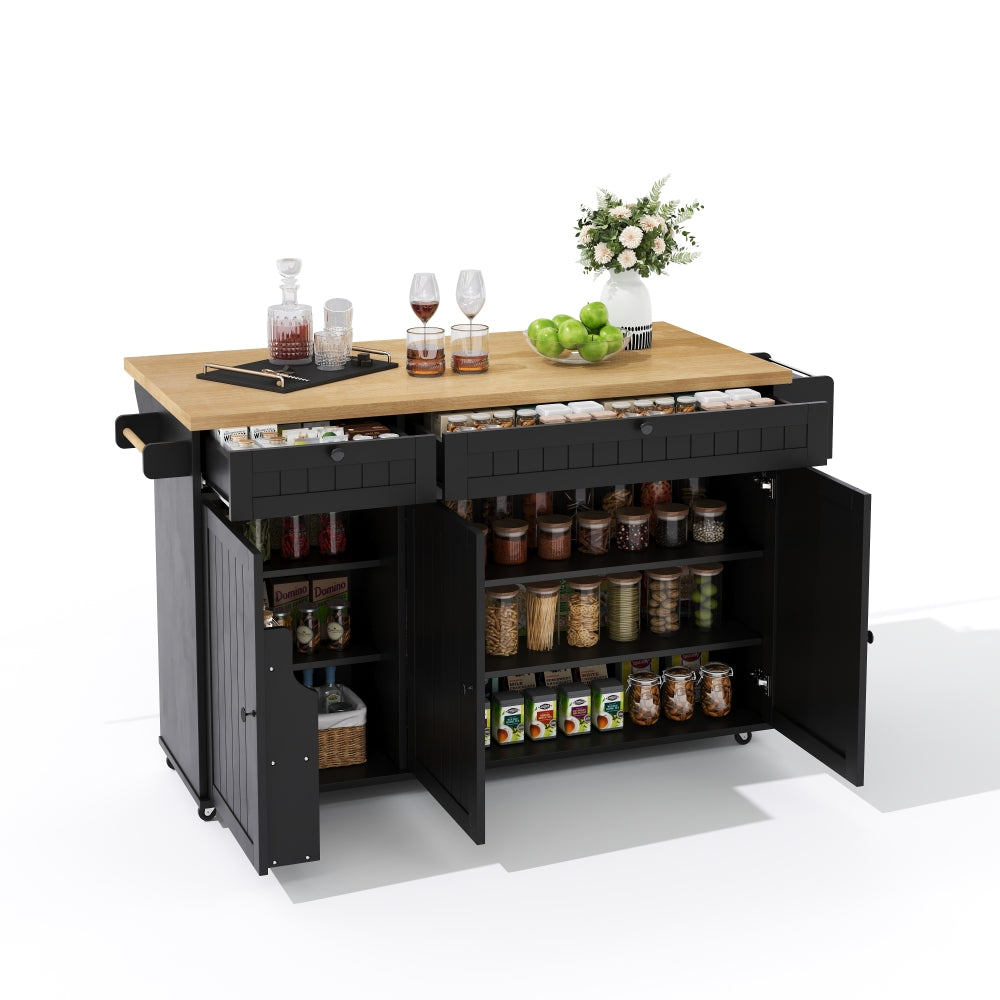 Keukeneiland – Keukentrolley – Keukenkast – Serveerwagen – Keukenwagen – Matzwart – Inklapbaar Werkblad – Lockbare Wieltjes – 137x89,5x45 cm