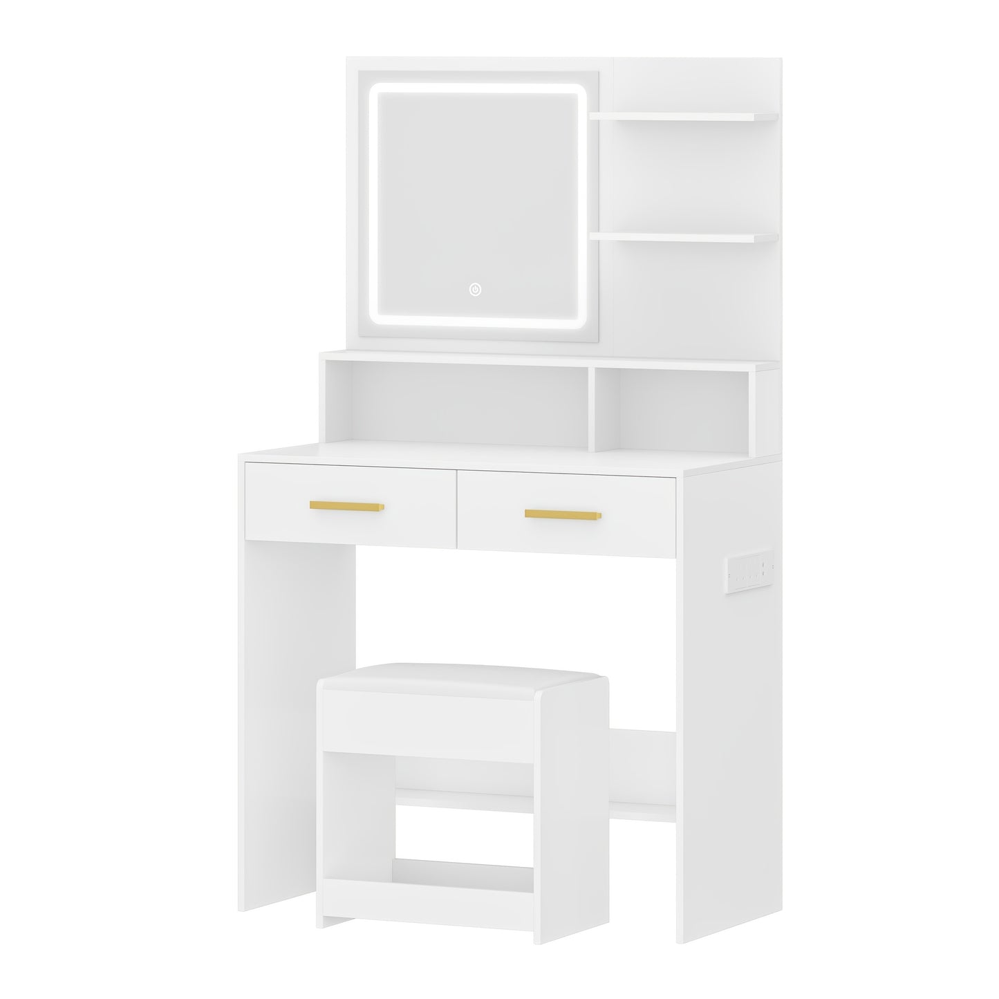 Kaptafel – Make-up Tafel – Dressing Table – Cosmeticatafel – Witte Kaptafel Met Zitkruk – 2 Lades & Open Planken – Ingebouwd Oplaadstation & Instelbare LED-Verlichting – 80x40x140 cm