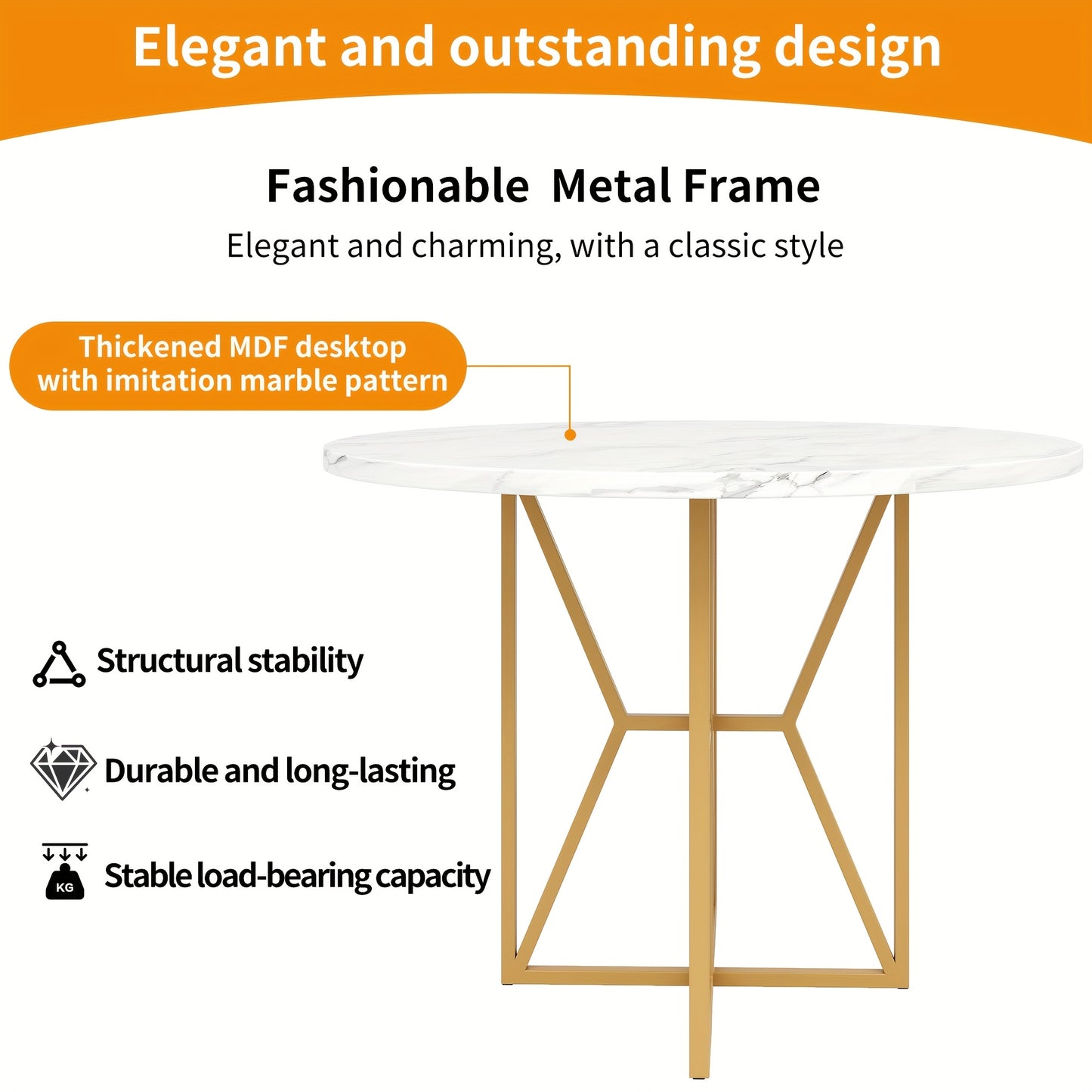Ronde Eettafel – Ronde Tafel – Eetkamertafel – Keukentafel – Tafel Rond – Marmerlook MDF Blad – Gouden Metalen Poot – 80x80x76 cm – Voor 4-6 Personen