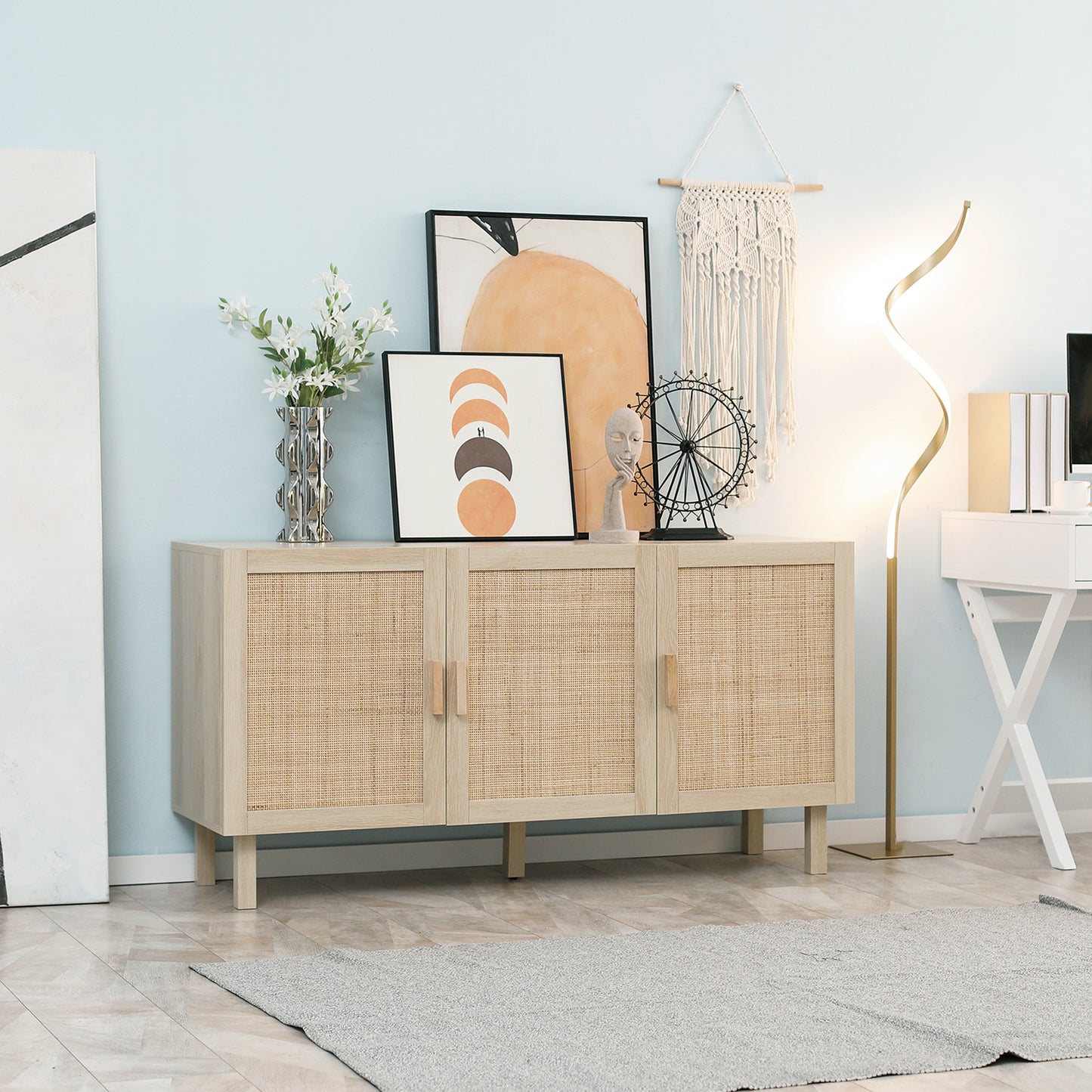 Dressoir – Opbergkast – Buffetkast – Ladekast – Kast – Bohemien Stijl – Hout Met Gevlochten Rieten Deuren – 136x41x70 cm – Verstelbare Planken