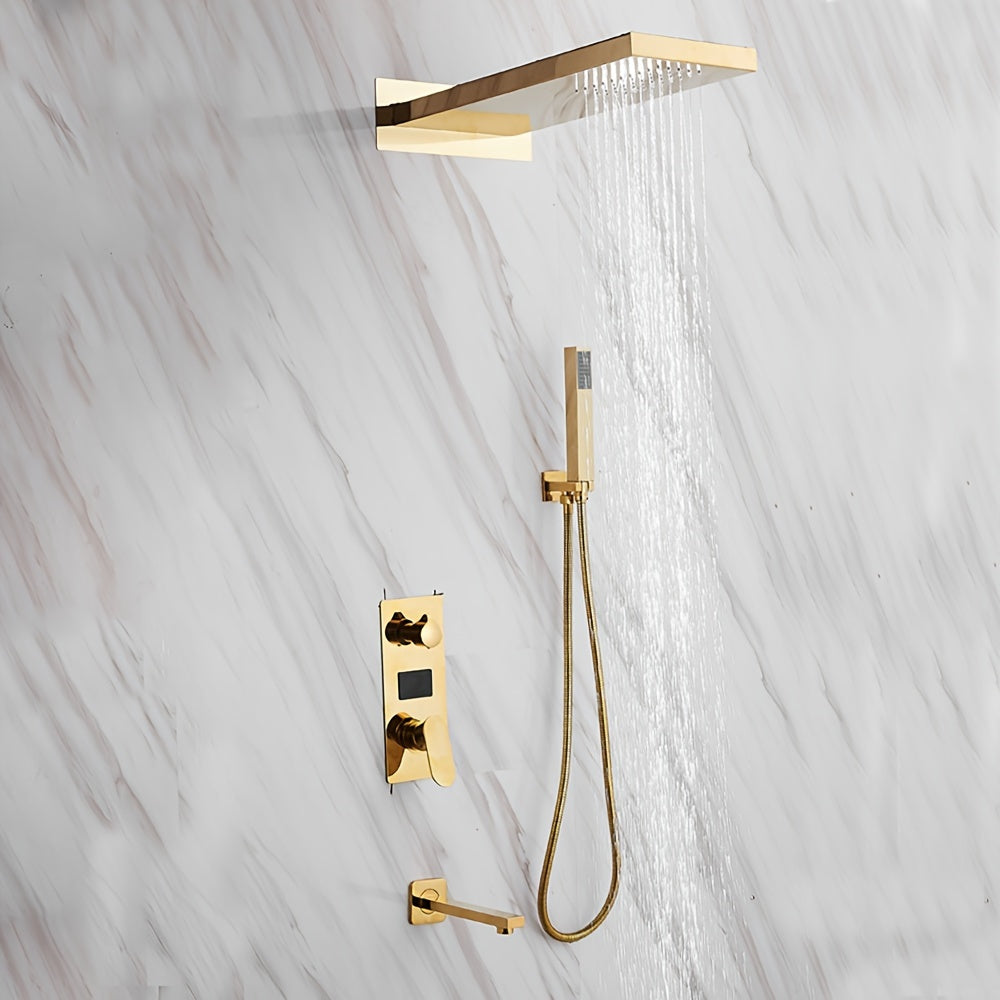 Doucheset – Douche Systeem – Douchekraan – Regendouche – Douchekolom – Thermostatisch Mengventiel – Messing Goudkleurig – LED Temperatuurindicatie