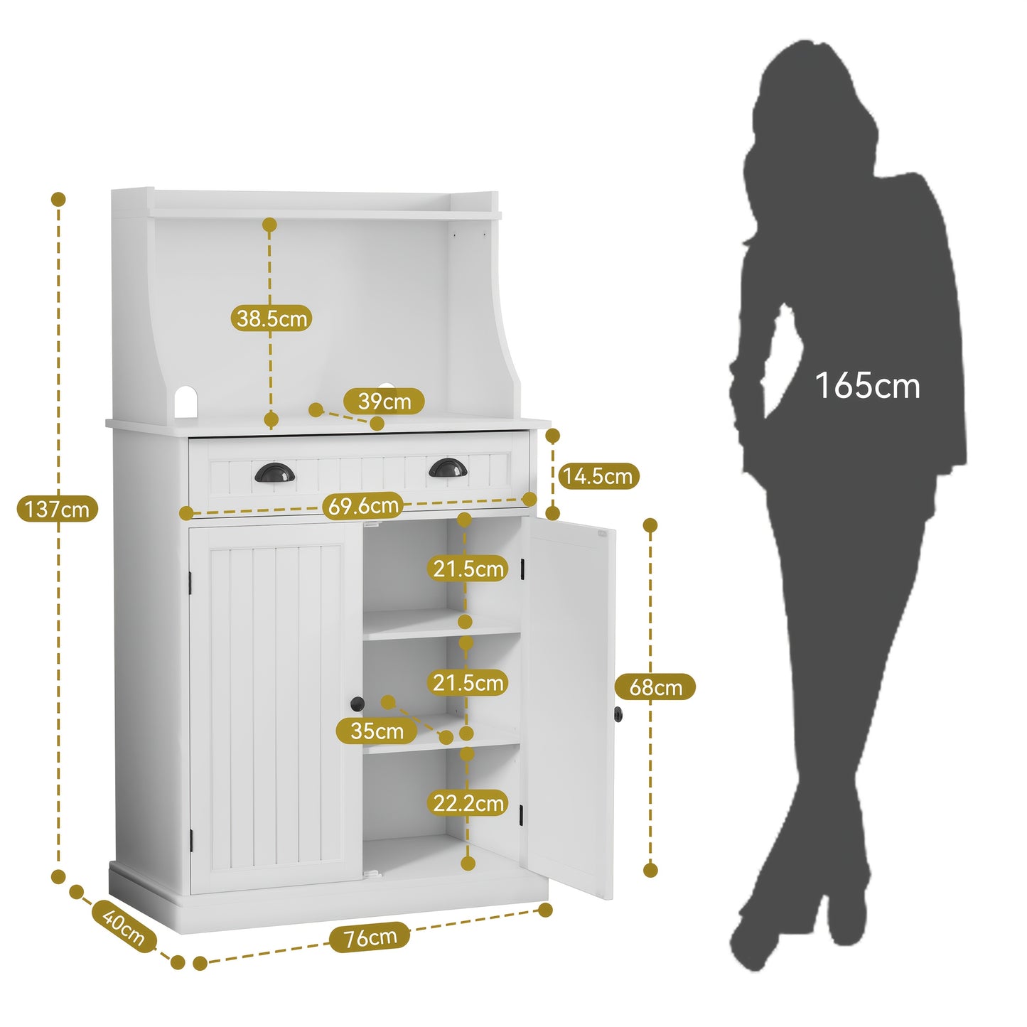 Grote Opbergkast – Keukenkast – Dressoir – Kast Met Laden – Witte Kast Met Dubbele Deuren – Verstelbare Planken – Magnetronstandaard – Antikantel Beveiliging – Stevig MDF Met Metaal En Massief Hout