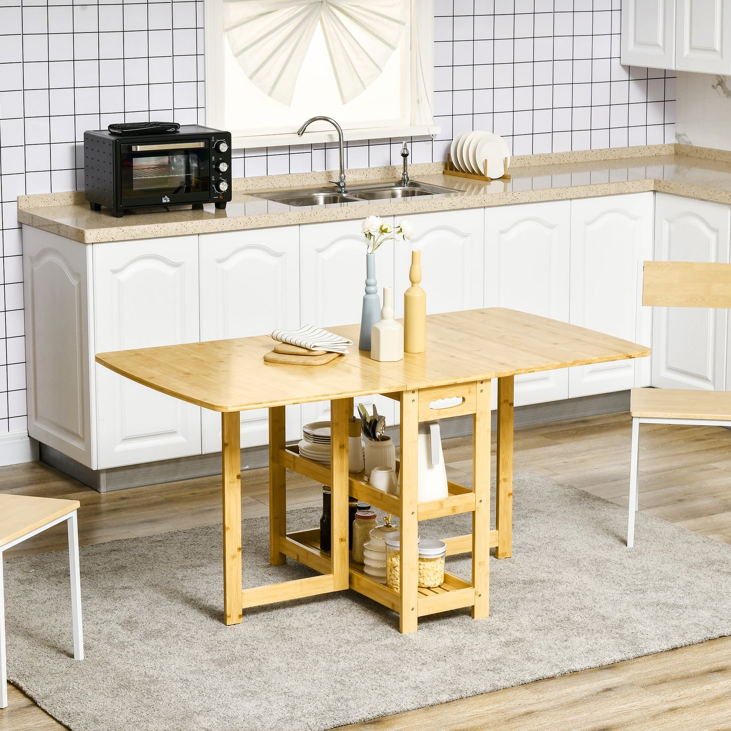 Uitklapbare Eettafel – Vouwtafel – Bamboe Tafel – Keukentafel – Multifunctionele Tafel – Natuurlijk Bamboe – Verstelbare Poten – Opbergruimte Onderblad