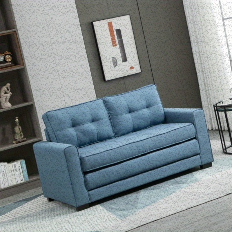 Slaapbank – 2-Zitsbank – Bedbank – Uitklapbank – Zetelbed – Linnen Look Stof – Inklapbaar – Rubberen Houten Frame – Blauw – Compact 147,5x75x85 cm