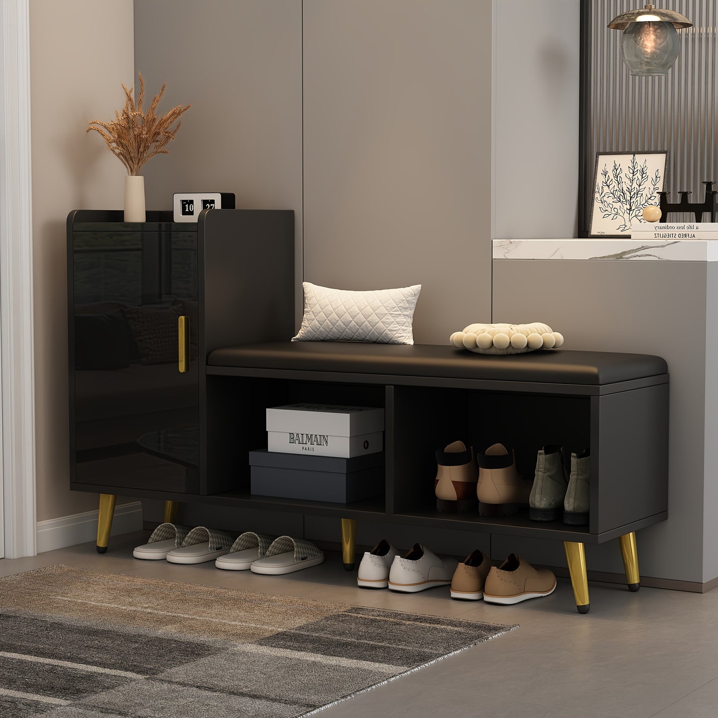 Schoenenkast – Schoenopberger – Schoenenrek – Schoenmeubel – Schoenentoren – Wit Met Goudkleurige Details – Geïntegreerde Zitplek – Vloermontage