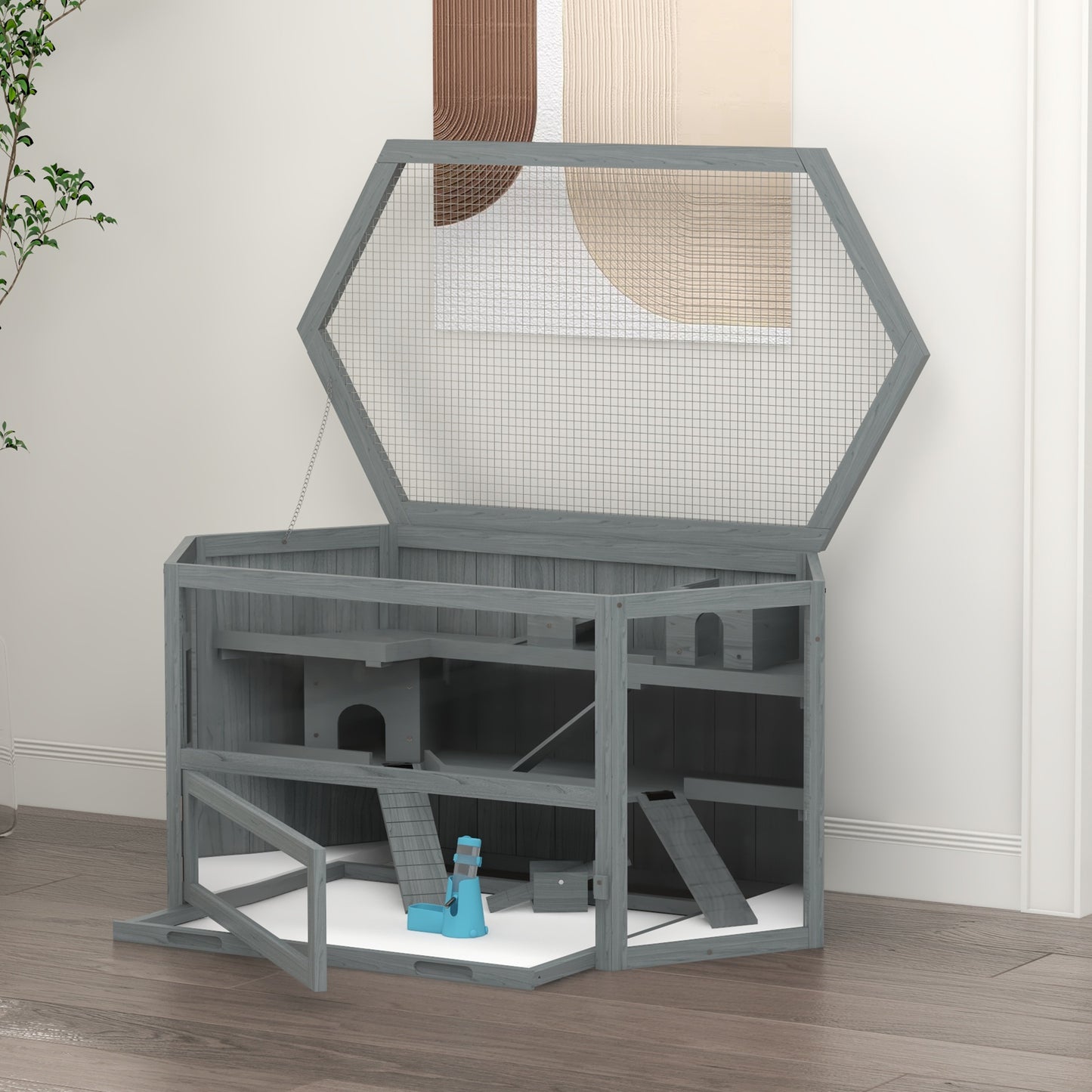 Hamsterkooi – Knaagdierkooi – Hamsterbench – Dierenkooi – Knaagdierverblijf – 3-laags Indeling – Uitneembare Bodemlade – Grijs Hout/Metaal – 115x60x55 cm