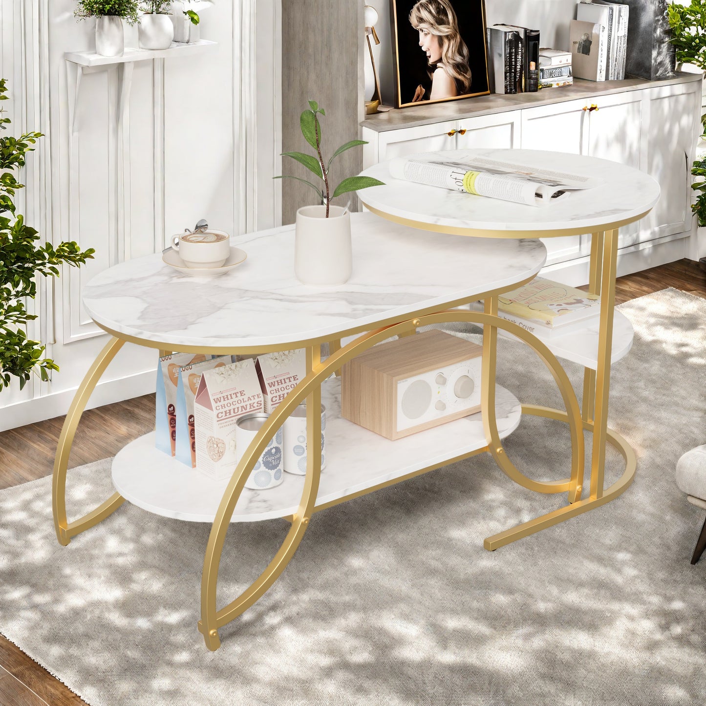 Koffietafel Set – Salontafel – Bijzettafel – Woonkamertafel – Tafelset – Wit Marmerpatroon – Gouden Metalen Onderstel – Compact en Stevig