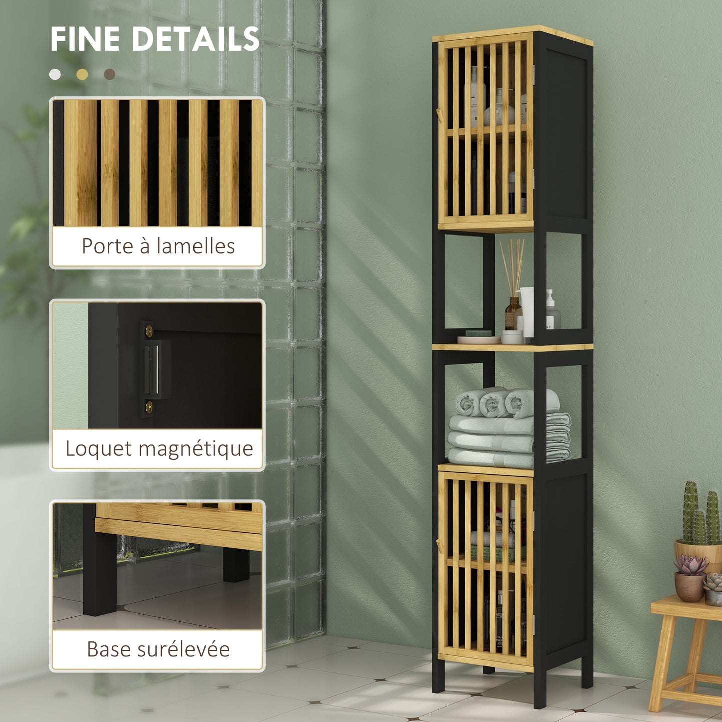 Badkamer Kolomkast – Opbergkast – Standaardkast – Badkamermeubel – Kast Met Deuren – Twee Deuren En 2 Open Niches – Compact 30x32x172 cm – Anti-Kantel Veilig