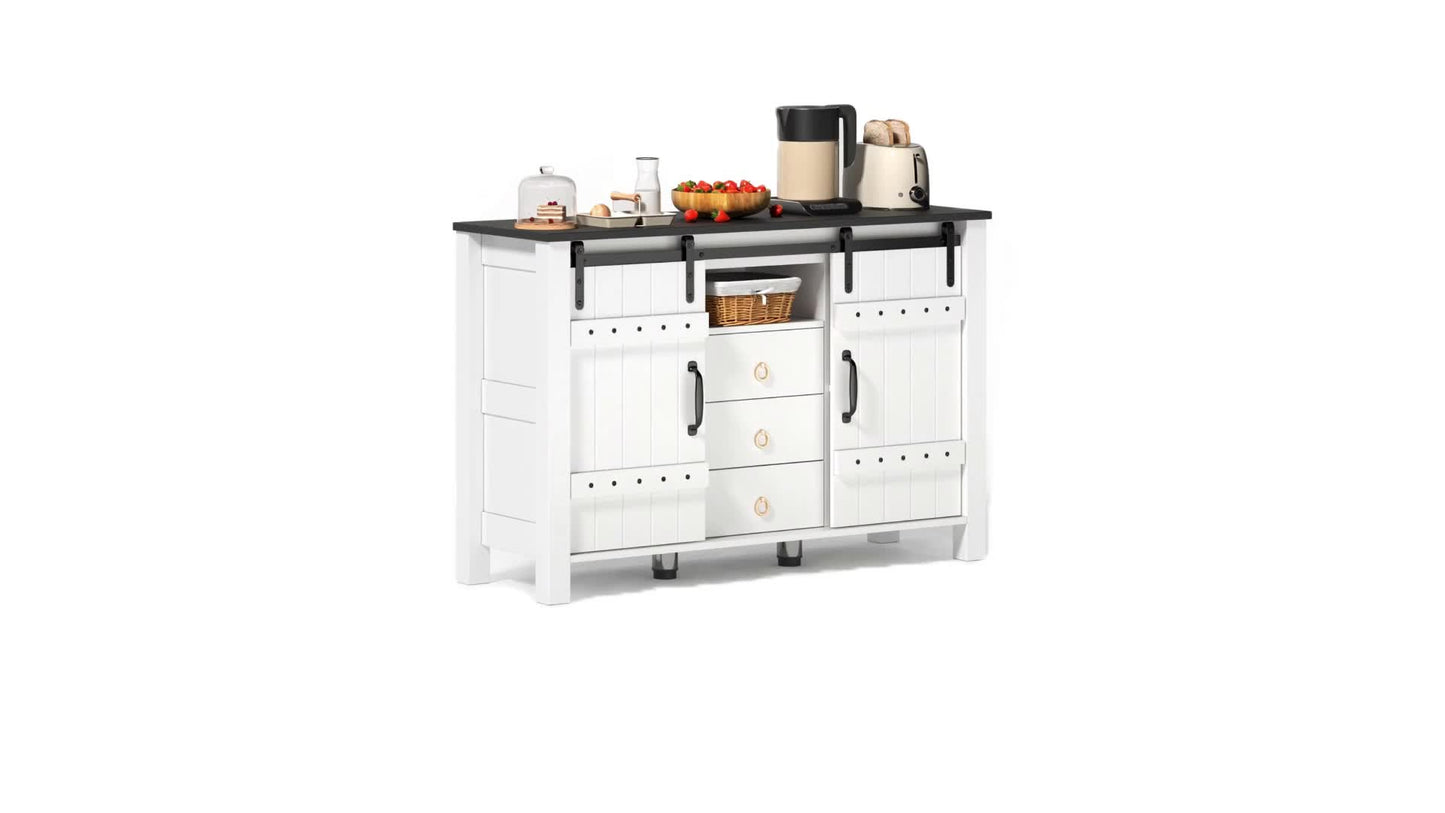 Buffetkastje – Buffetkast – Dressoir – Opbergkast – Sideboard – Wit Met Houten Accenten – 120x40x80 cm – MDF – Schuifdeuren En 3 Lades