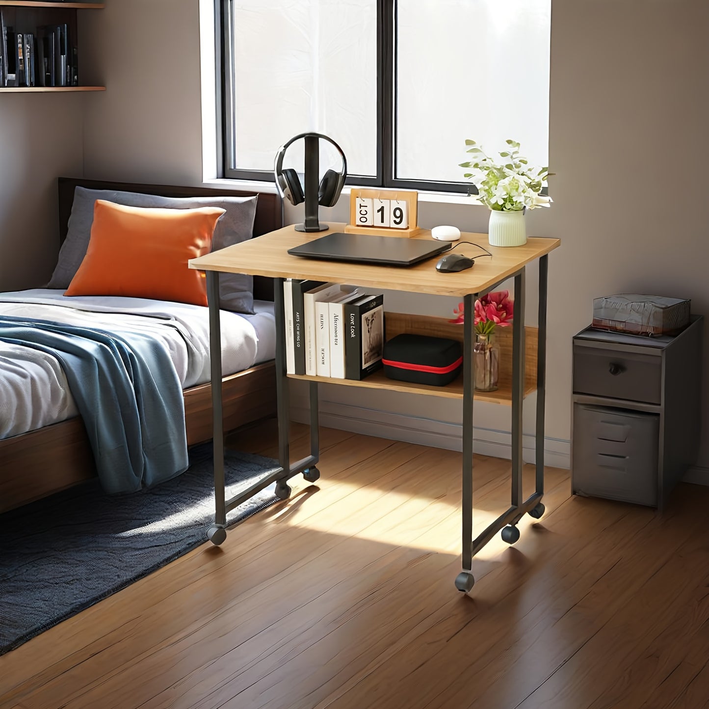 Mobiel Vouwbureau – Compact Bureau – Klein Tafel – Opvouwbare Werktafel – Verplaatsbaar Bureau – Eiken Kleur – 80 cm Breed – Met Wieltjes En Vaste Poot