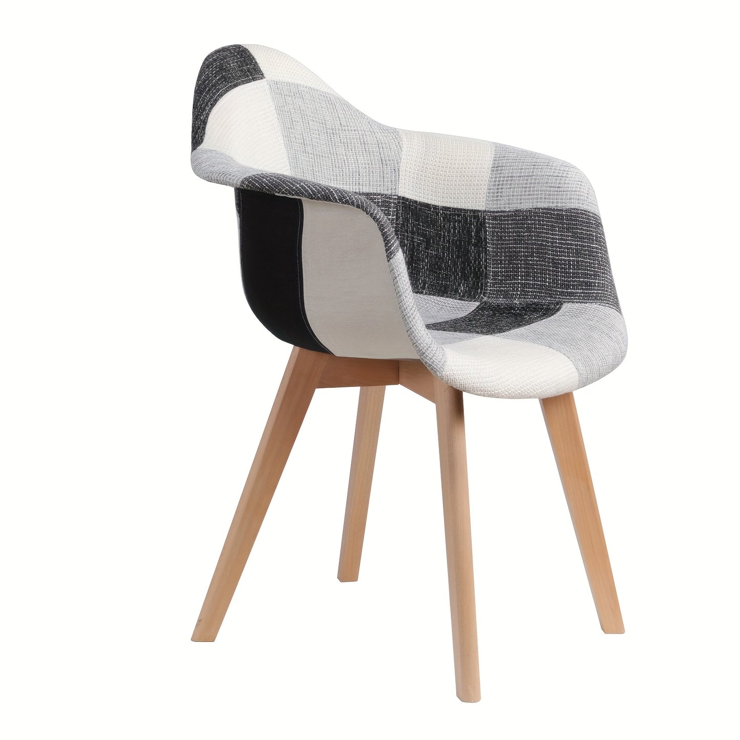 Set van 2 EGOONM Eetkamerstoelen – Klassiek Vintage Design, Grijs-Witte Ruitstof, Beukenhouten Poten met Armleuningen – Duurzaam en Elegant