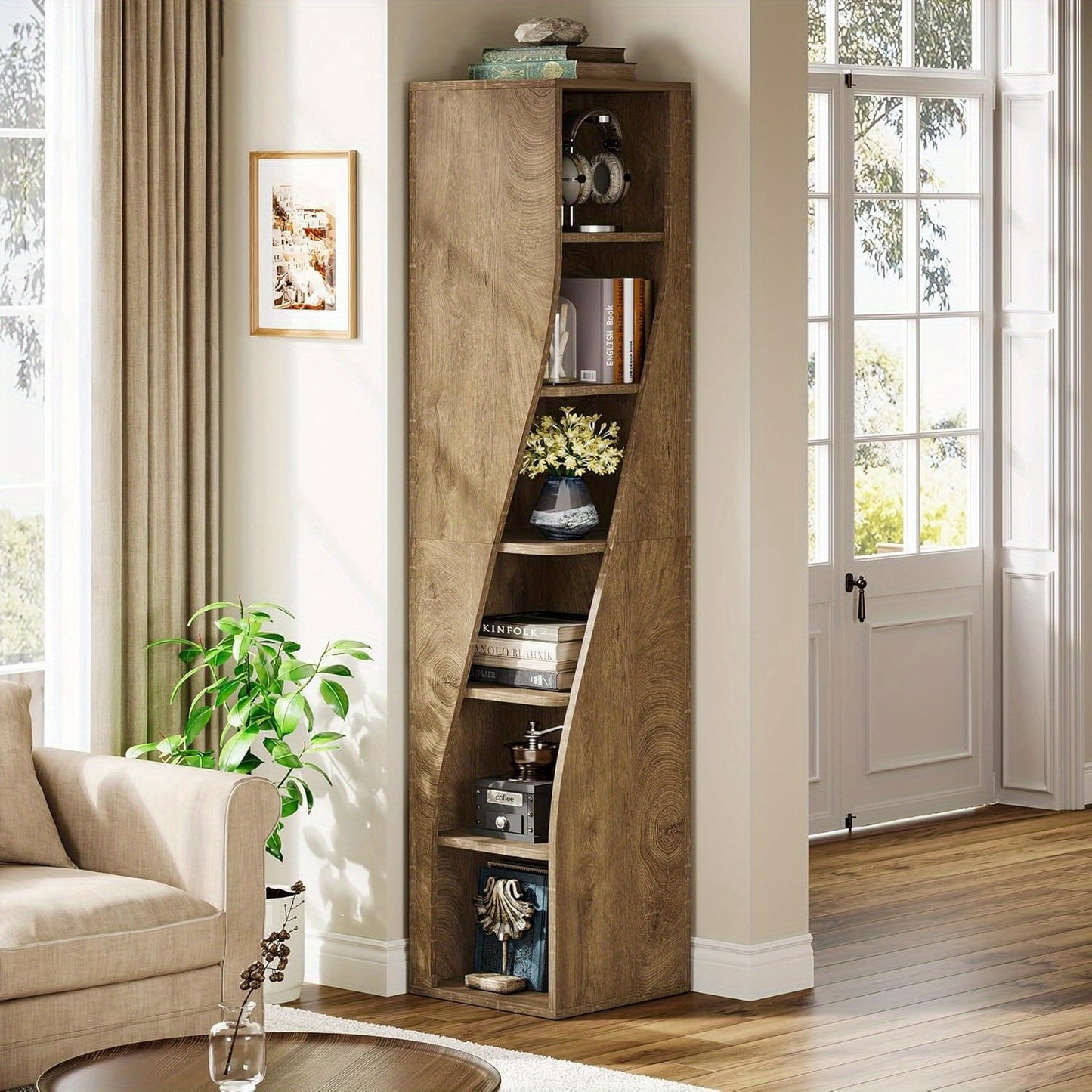 Boekenkast – Boekenrek – Vakkenkast – Opbergkast – Stellingkast – 6-laags Hoekboekenkast – Ruimtebesparend Smal Design – Duurzaam Hardhout en Multiplex