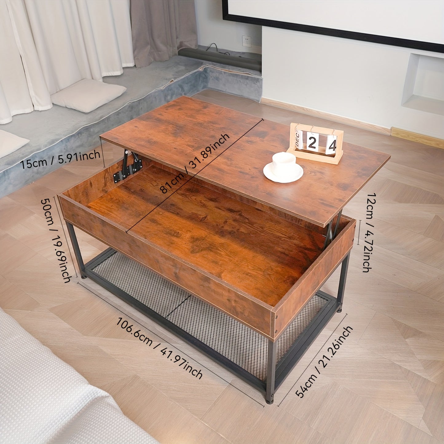 Salontafel – Koffietafel – Bijzettafel – Woonkamertafel – Tafel – Verstelbaar Lift-Top – Verborgen Opbergruimte – Hout – Metaal – Rustiek Bruin