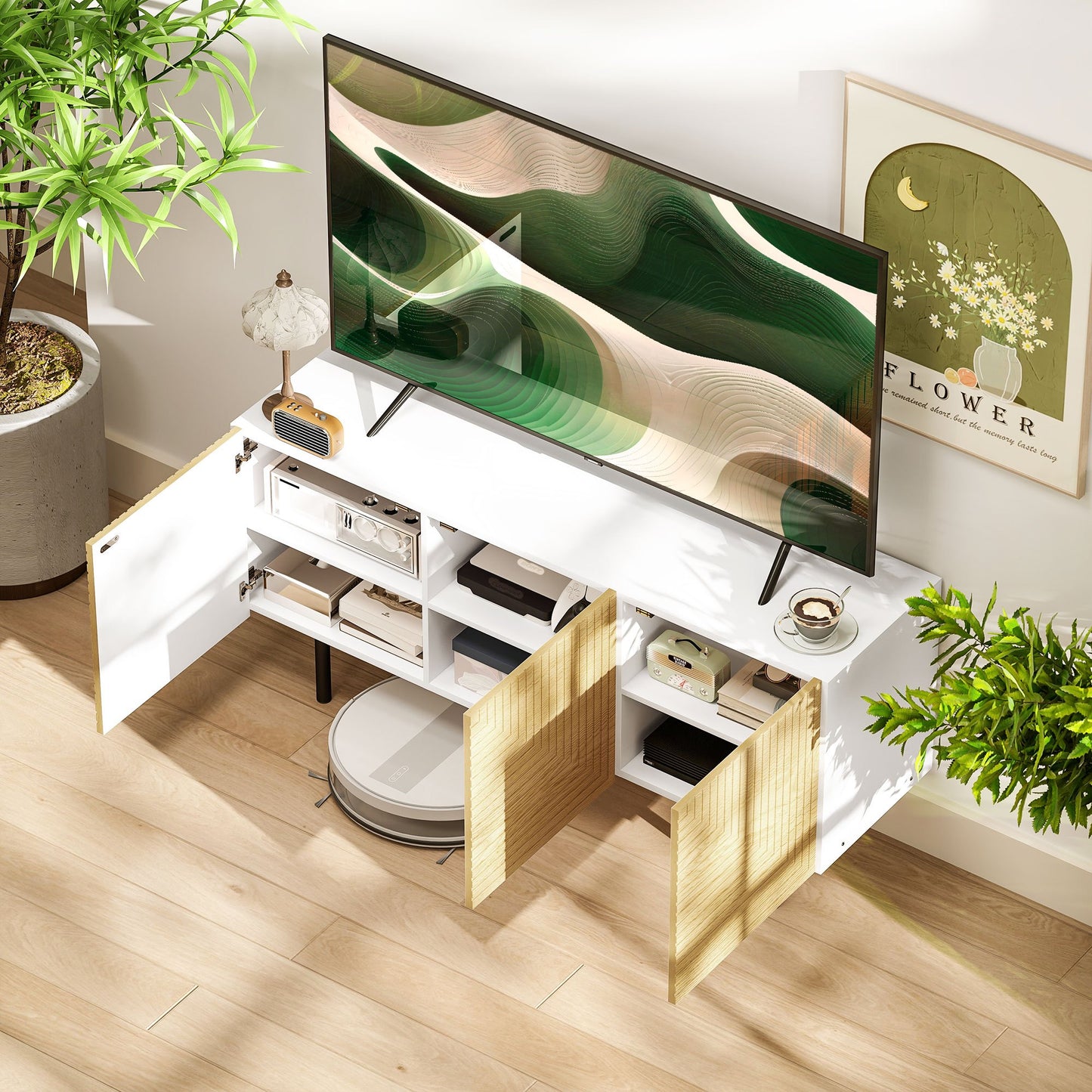 HOMCOM TV Stand Wooden TV Cabinet for Tvs Up to 65 Inches with Cane-Door Cabinets And Cable Pass-Through for Living Room Bedroom, Natural Wood Effect