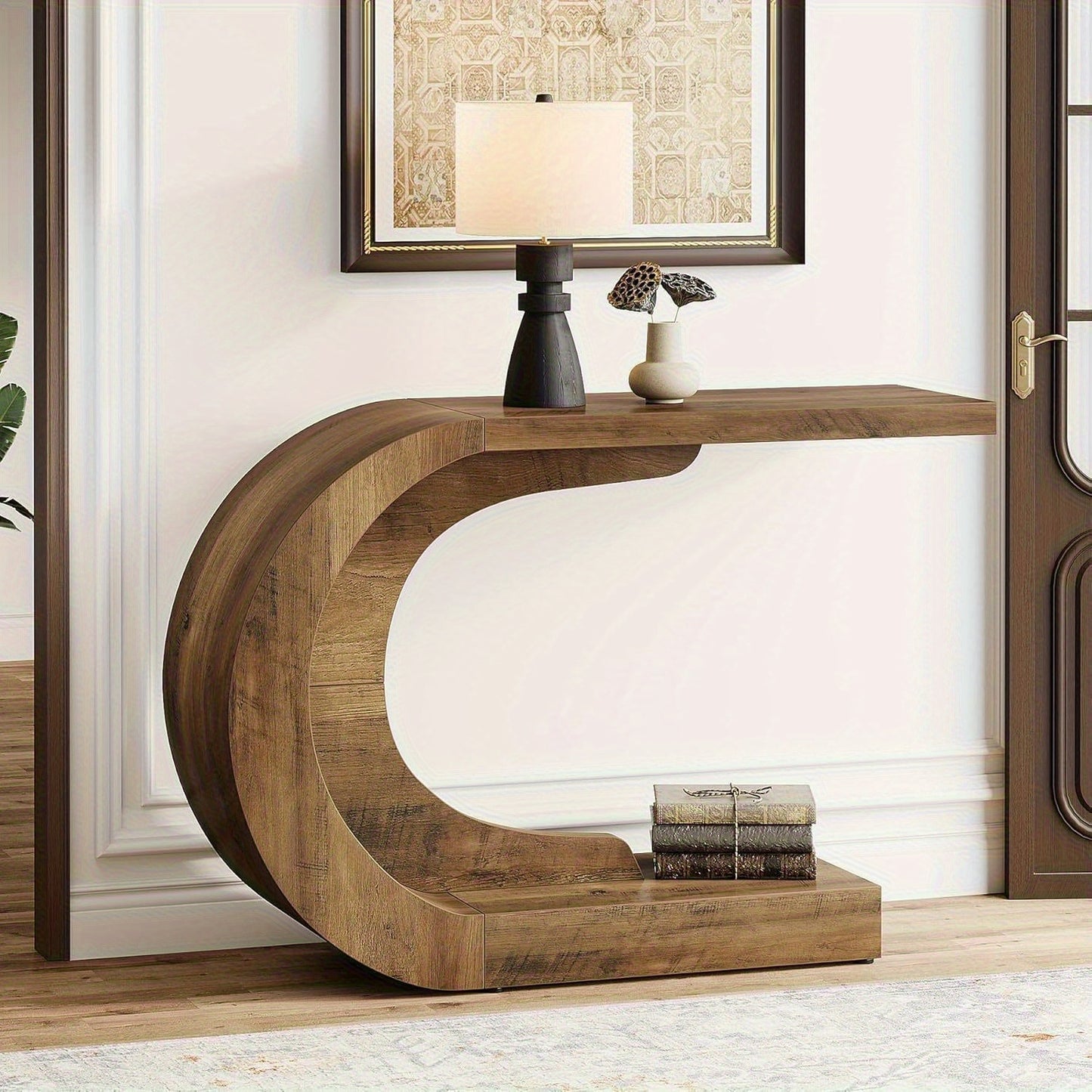Moderne Sidetable – Haltafel – Consol tafel – Wandtafel – Bijzettafel – Extra Lang 110 cm – Ruimtebesparend C-Vormig Onderstel – Stevige Houtstructuur Bruin