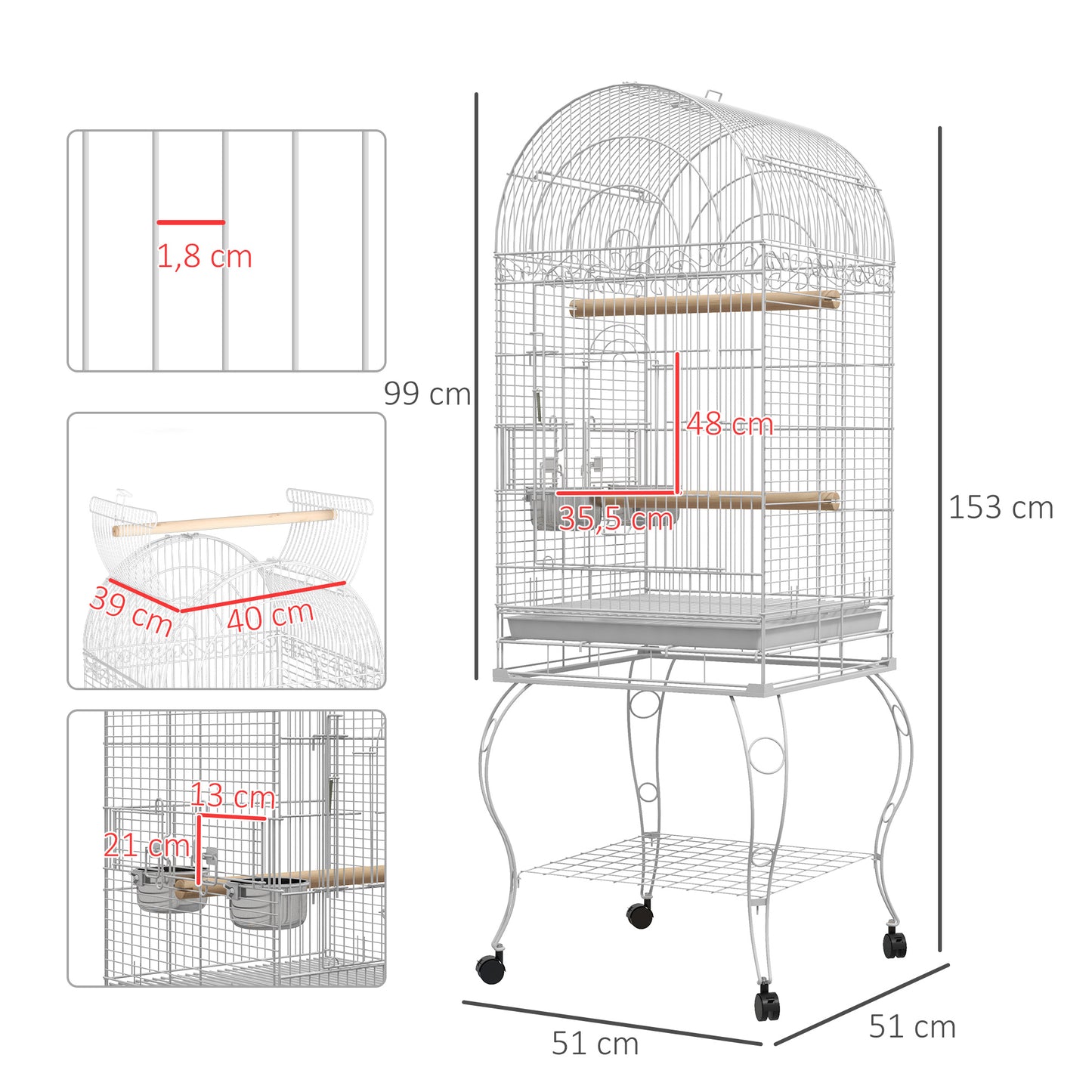 Vogelkooi – Vogelkooi Op Wielen – Vogelkooi Met Voederbakjes – Kooi Voor Parkieten – Kleine Vogelkooi – Wit – Ruim Formaat 51x51x153 cm – Duurzaam Staal Met Uitneembare Tray