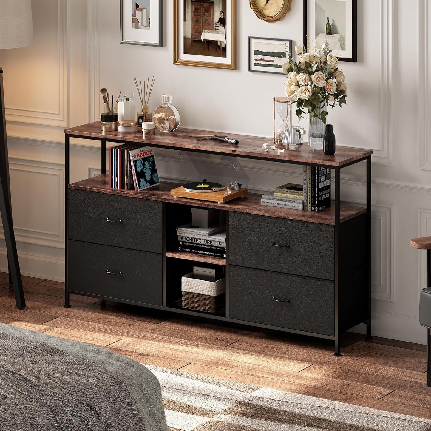 Vintage Dressoir – Ladekast – Opbergkast – Sideboard – Mediameubel – Zwart Metalen Frame – 3 Lades & 4 Open Vakken – Duurzaam MDF & Hout