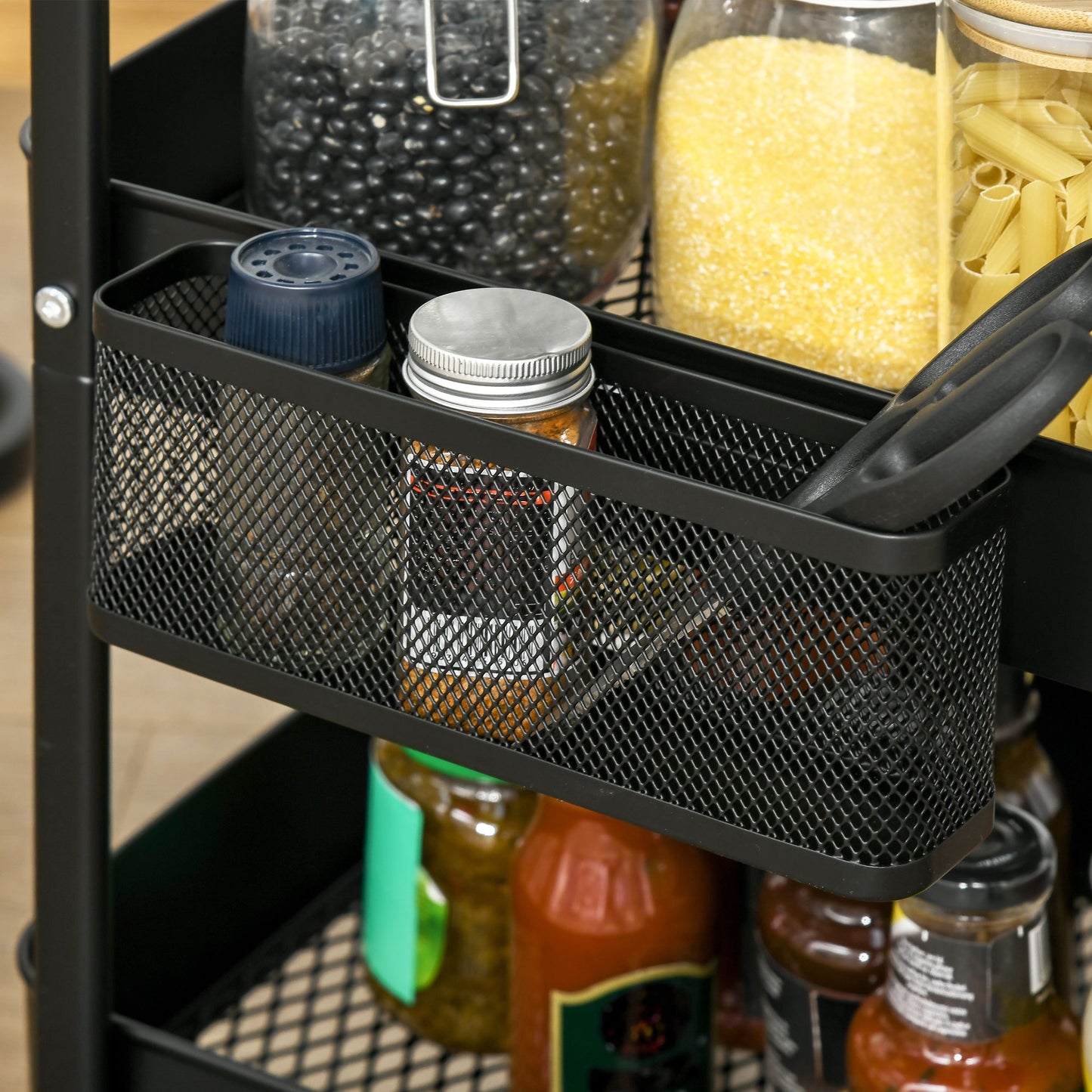 Keukentrolley – Keukenwagen – Serveerwagen – Opbergtrolley – Rolwagen – Met Handdoekhouder – 3 Ruime Mandjes – Stalen Frame Zwart