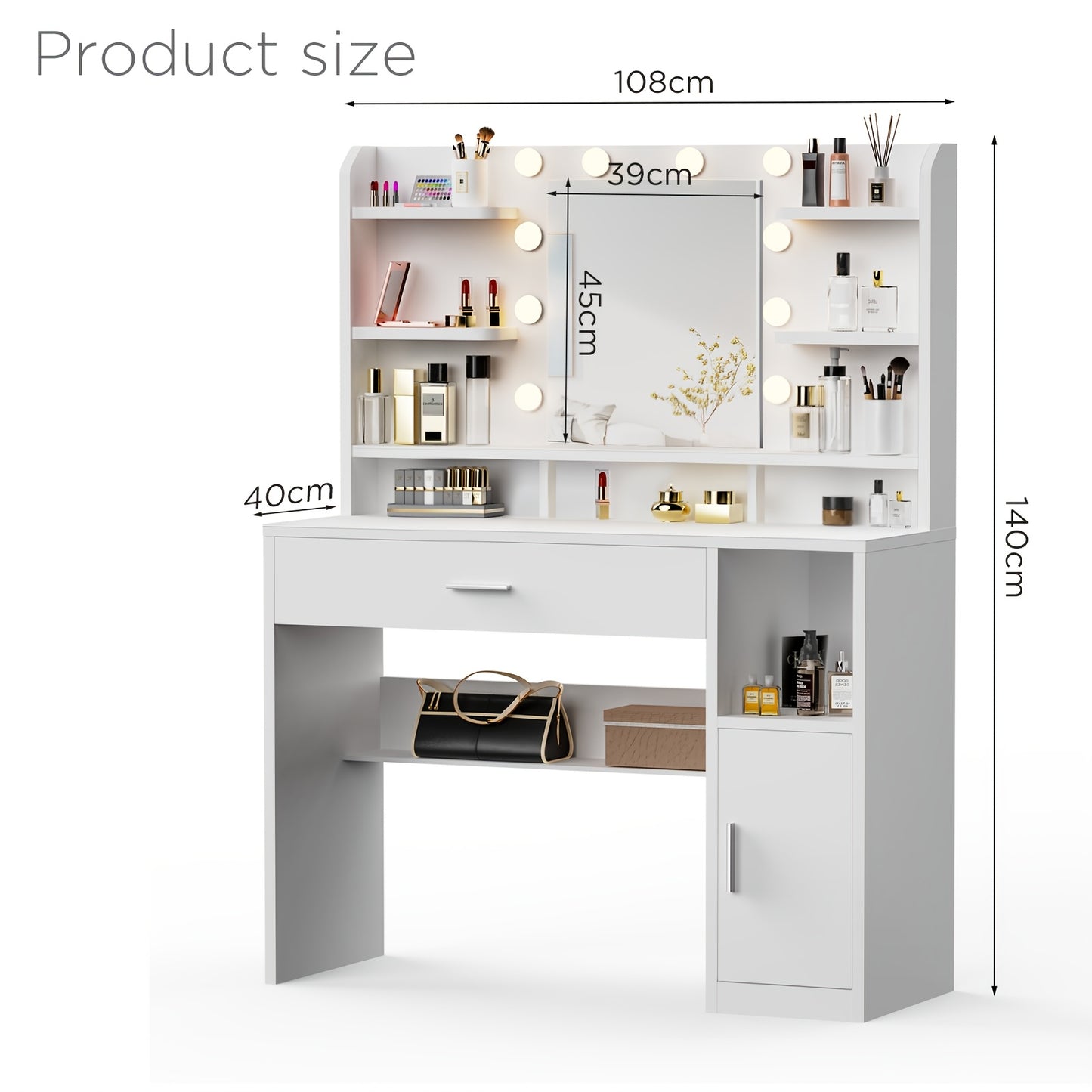 Kaptafel – Make-up Tafel – Dressing Table – Cosmeticatafel – Spiegeltafel – Wit – LED Verlichting Met Instelbare Helderheid – Opberglades En Open Vakken