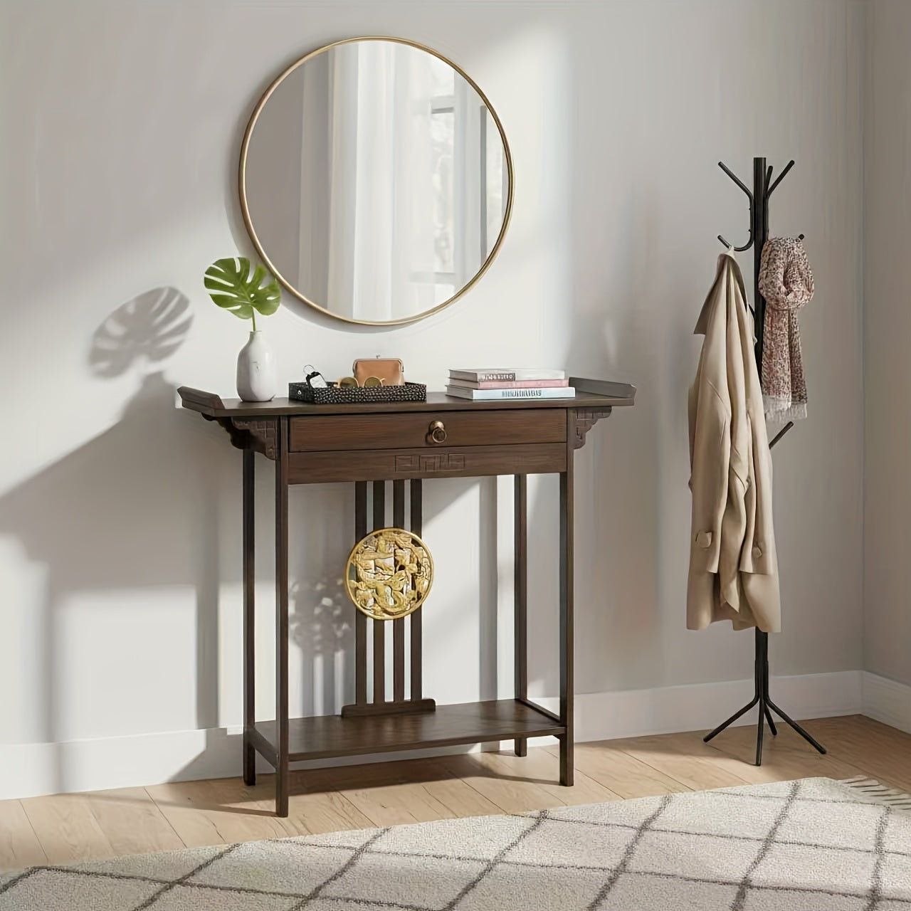 Retro Farmhouse Sidetable – Houten Dressoir – Halmeubel – Sofa Tafel – Nachtkastje – Donkerbruin – Massief Hout – Lade en Plank – 119,89x39,88x76,96 cm – Gouden Knoppen – Eenvoudige Montage