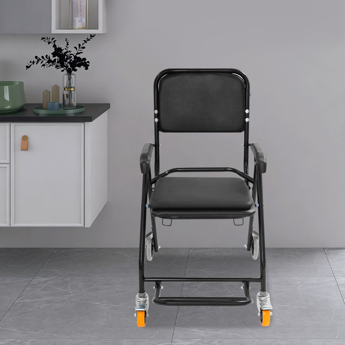 Douche- en Toiletstoel – Douchekruk – Badkamerstoel – Commode Stoel – Opvouwbare Wielenstoel – Verstelbare Hoogte – 5-Posities Rugleuning – Comfortabel Kussen – Stevig Stalen Frame – Zwart