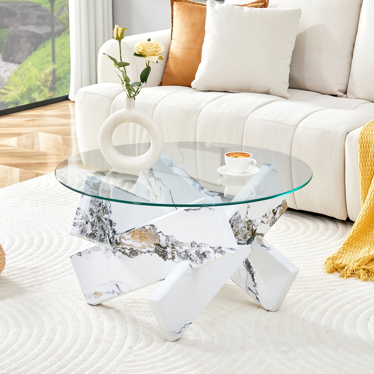 Glazen Salontafel – Ronde Tafel – Bijzettafel – Woonkamertafel – Koffietafel – Wit Getemperd Glas – 0,8 cm Dik – Stevige Basis – Eenvoudige Montage Zonder Gereedschap