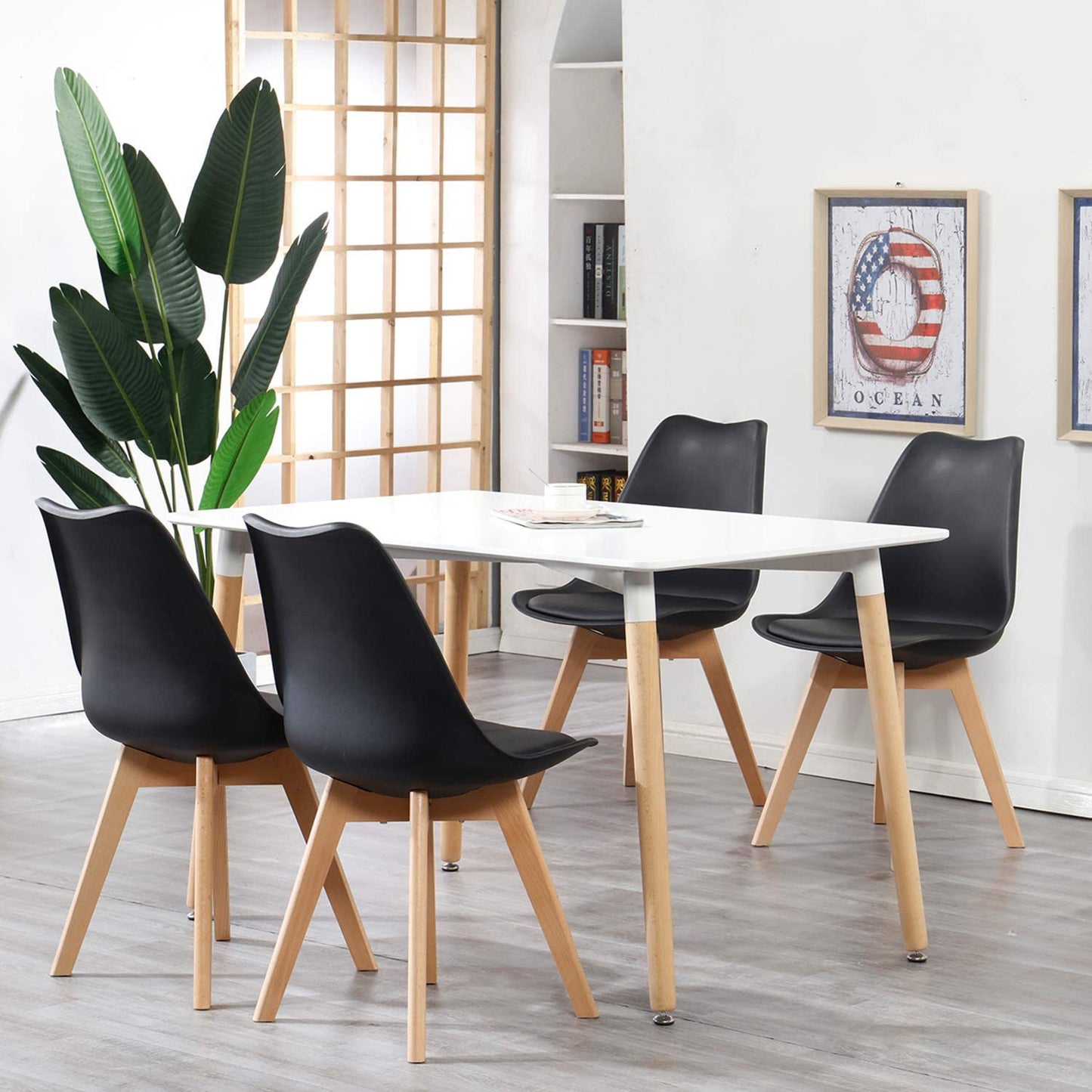 Eetkamerstoelen – Stoelen – Dining Stoelen – Armloze Stoelen – Scandinavische Stoelen – Set van 6 – Zwart PU-leer – Beukenhouten Poten