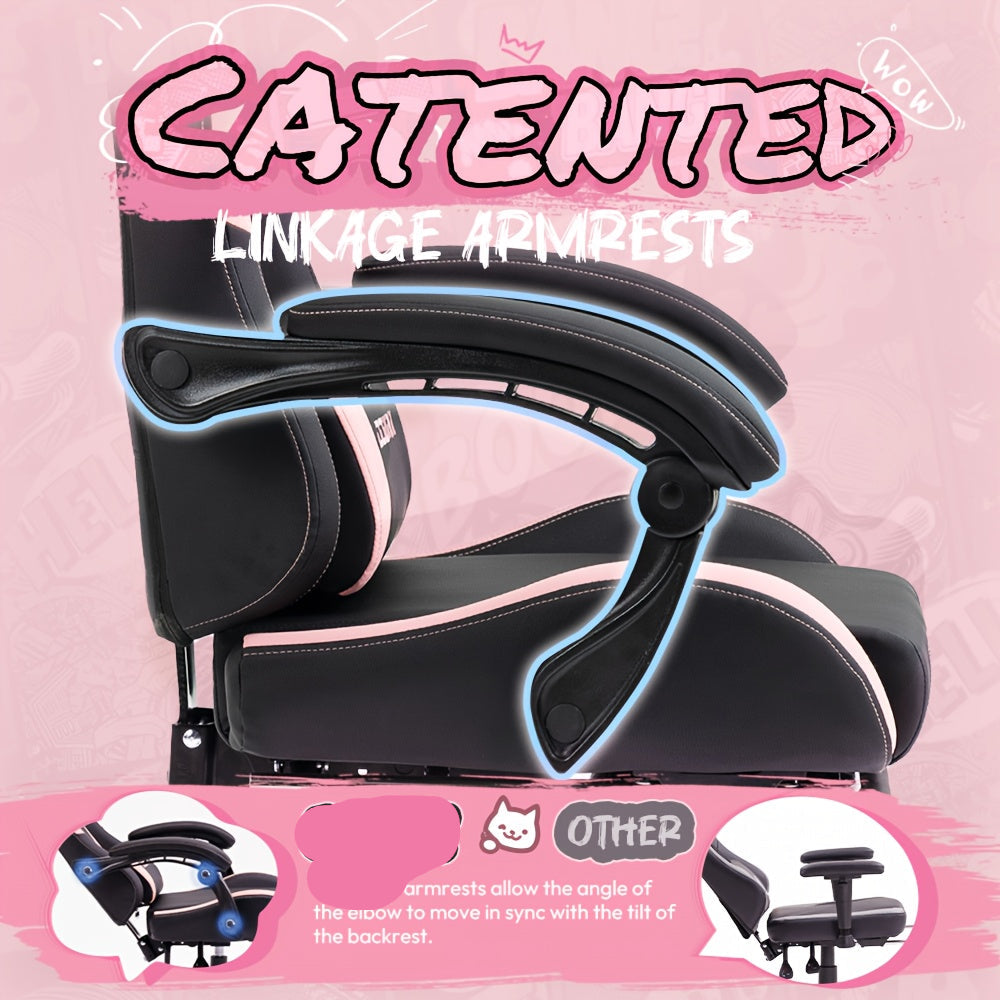 Gamingstoel Roze – Bureaustoel – Gamerstoel – Office Chair – Kawaii Stoel – Ergonomisch Design – Verstelbare Voetsteun – PU Leer & Metaal – Manuele Rugleuning – Max 136 kg