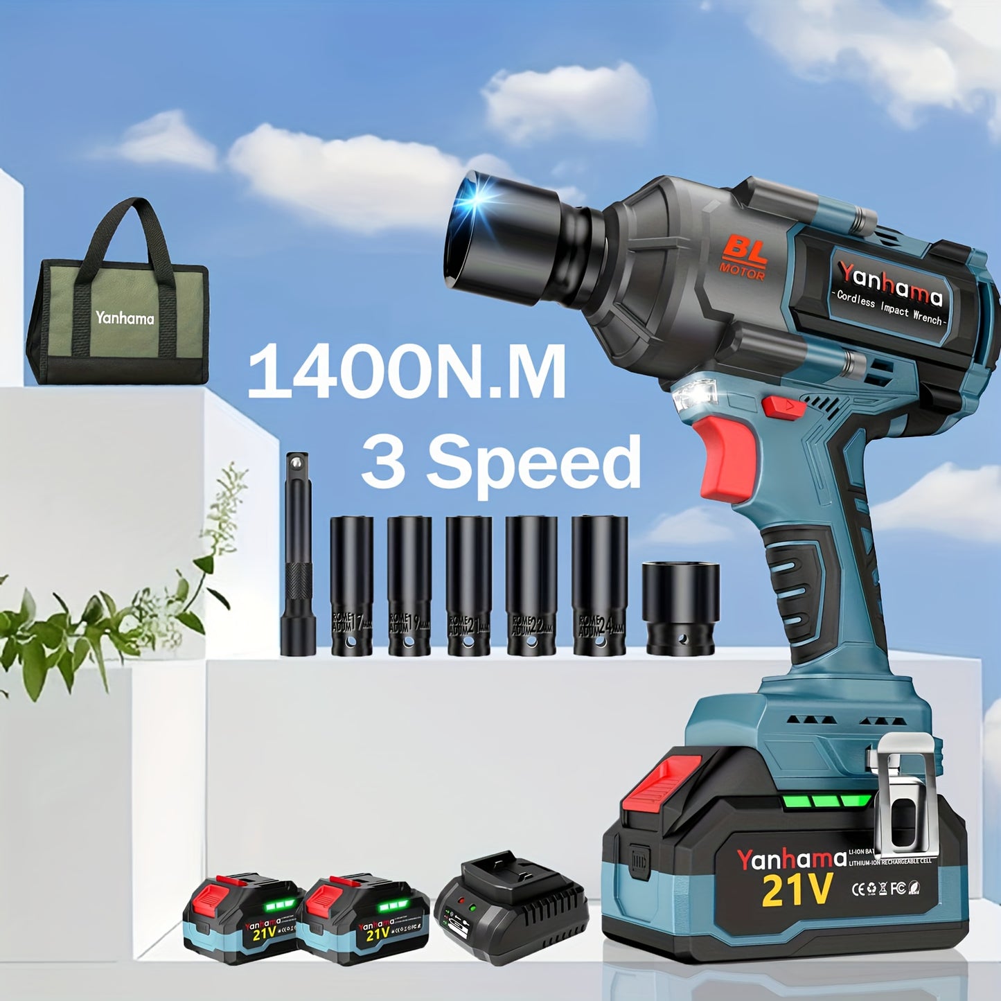 Slagmoersleutel – Slagschroevendraaier – Accu Slagmoersleutel – Elektrische Slagmoersleutel – Draadloze Slagmoersleutel – Maximaal 1400 Nm Koppel – Inclusief Dubbele 4000mAh Batterij & LED-Verlichting