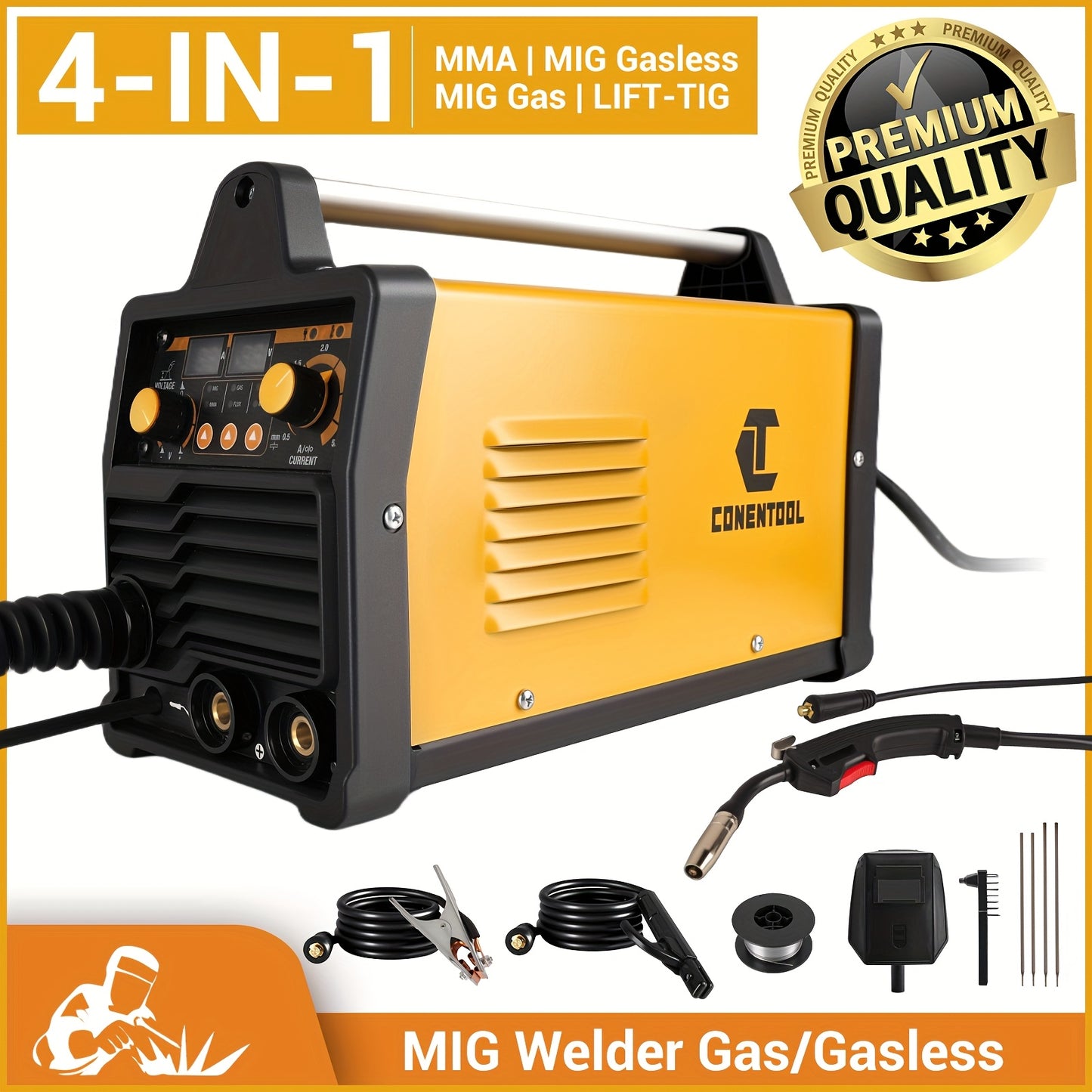 Lasapparaat – Mig Lasmachine – Tig Lasmachine – Elektrische Lasser – MMA Lasser – Geel – 200A Stroomsterkte – Digitale Display Met Overbelastingsbeveiliging
