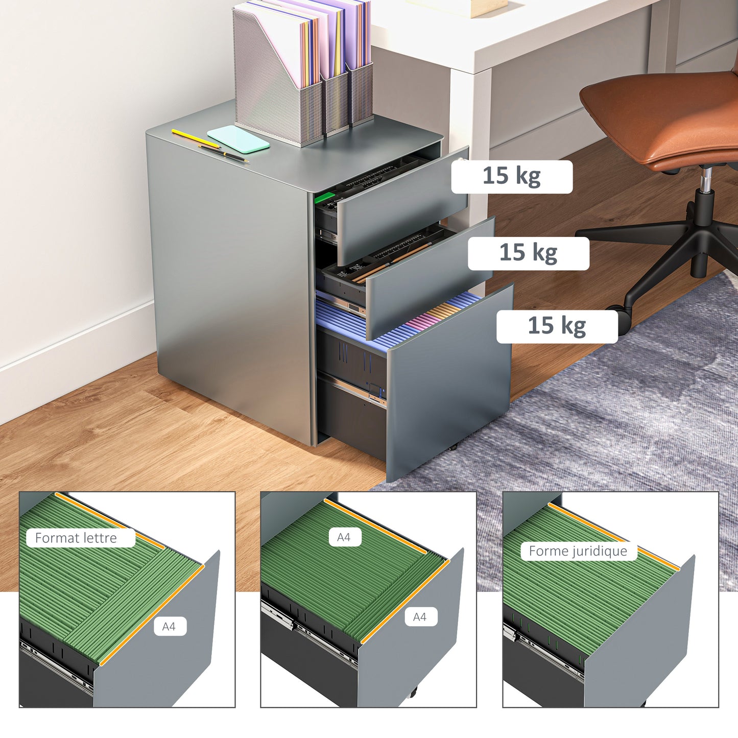 Bureaukastje – Ladeblok – Ladekast – Archiefkast – Opbergkast – Grijs Staal – 3 Lade Met Slot – Compact En Mobiel