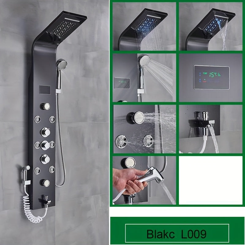 Douchesysteem – Douchepaneel – Shower Tower – Douchepaneel Unibody – Regendouche Mist – Mat Zwart 304 RVS – Led Temperatuurdisplay – Batterijvrij Zonder Elektriciteit