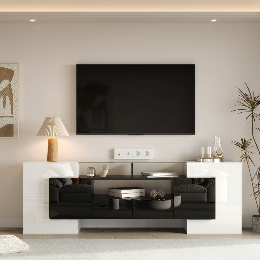 Modern TV-meubel – TV-kast – Mediameubel – Entertainmentmeubel – Zitmeubel – Laag en Ruimtebesparend Ontwerp – Glanzend Zwart-Wit Met 4 Deuren & 2 Lades