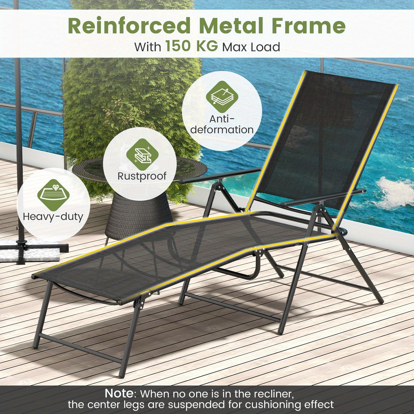 Ligstoel Buiten – Buitenzwembadstoel – Tuinligstoel – Verstelbare Ligstoel – Balkonligstoel – 6-Standen Verstelbare Rugleuning – Ademend Sneldrogend Materiaal – Zwart Metalen Frame – Set Van 2
