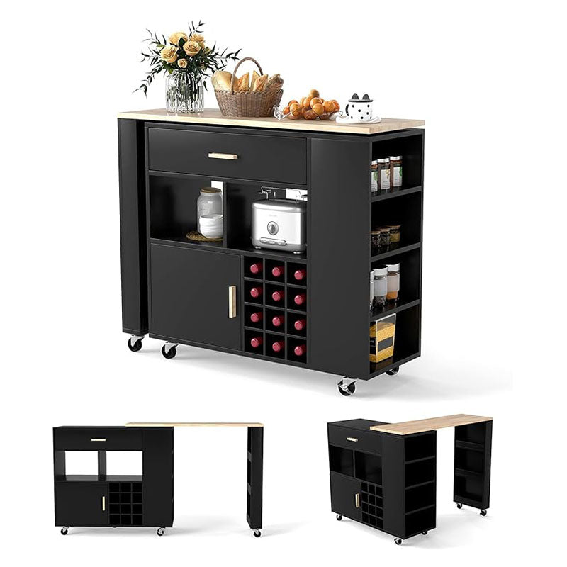 Keukenwagen – Keukentrolley – Servierwagen – Keukenmeubel – Opbergwagen – Draaibaar werkblad – Zwart rubberhout 120x40x100 cm