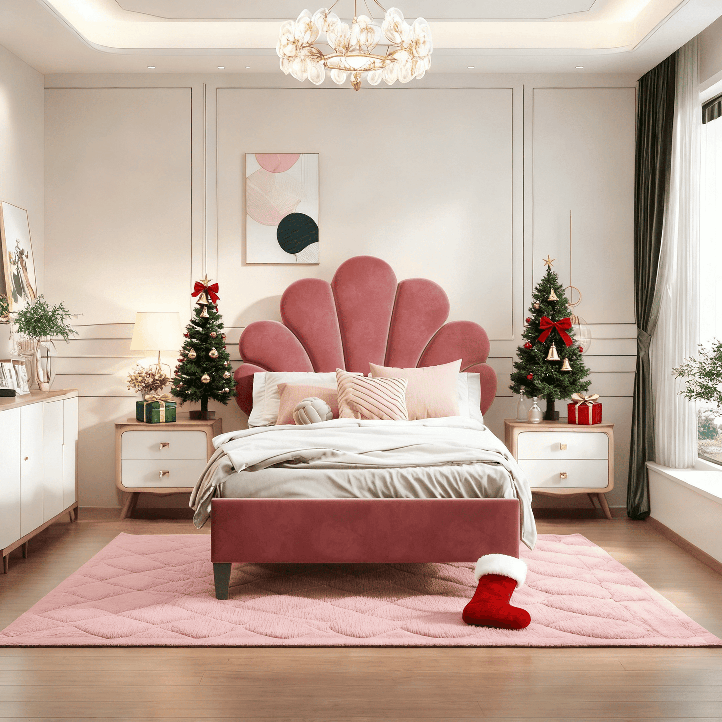 Eenpersoonsbed – Bed – Slaapbank – Kinderbed – Tienerbed – Roze Velvet Bloemvormig Hoofdbord – Stevige MDF Houten Constructie – Geschikt Voor Matras 90x200 cm
