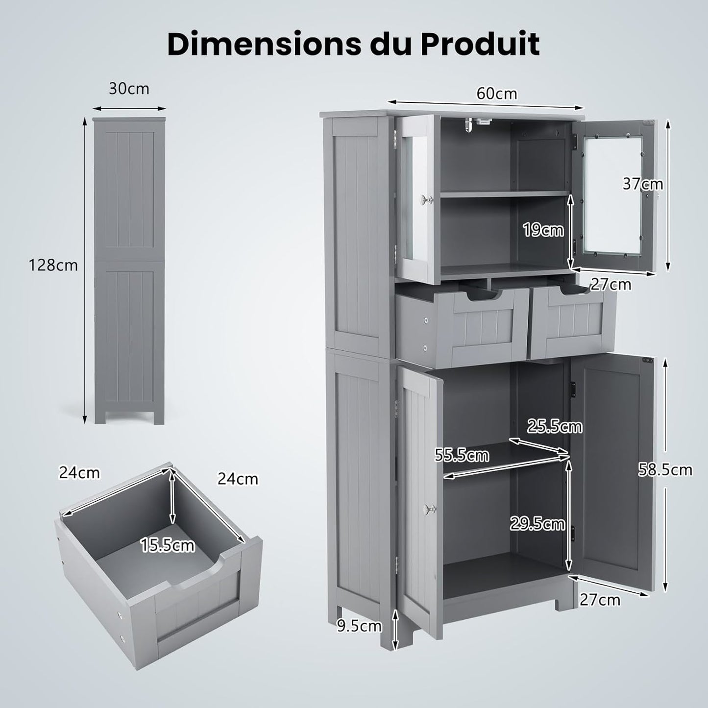 Grijs Opbergkastje – Opbergmeubel – Kast – Dressoir – Kabinet – Verstelbare Legplanken – Ruime Opbergruimte – Slank Design – Veilig Anti-Kantel