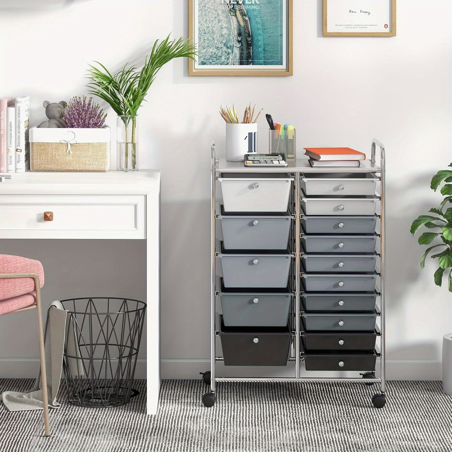 15-laden Opberwagen – Rollende Gereedschapswagen – Opbergtrolley – Organizer – Utility Cart – 15 Verwijderbare Laden – Vergrendelbare Zwenkwielen – Zwart Metalen Frame